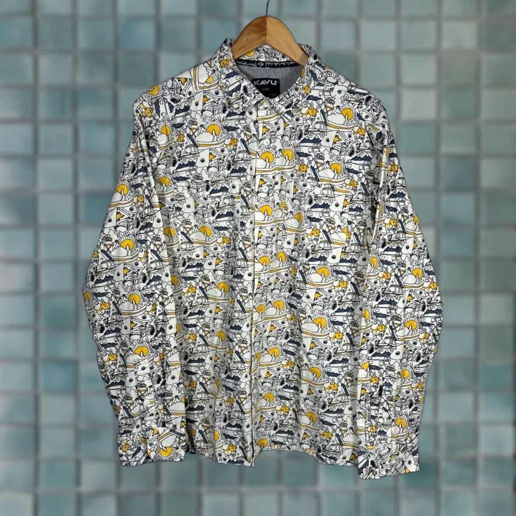 KAVU KAVU Mens Long Sleeve Button-Up Shirt Adventure Camper Print White XL Size US XL / EU 56 / 4 - 1 Thumbnail