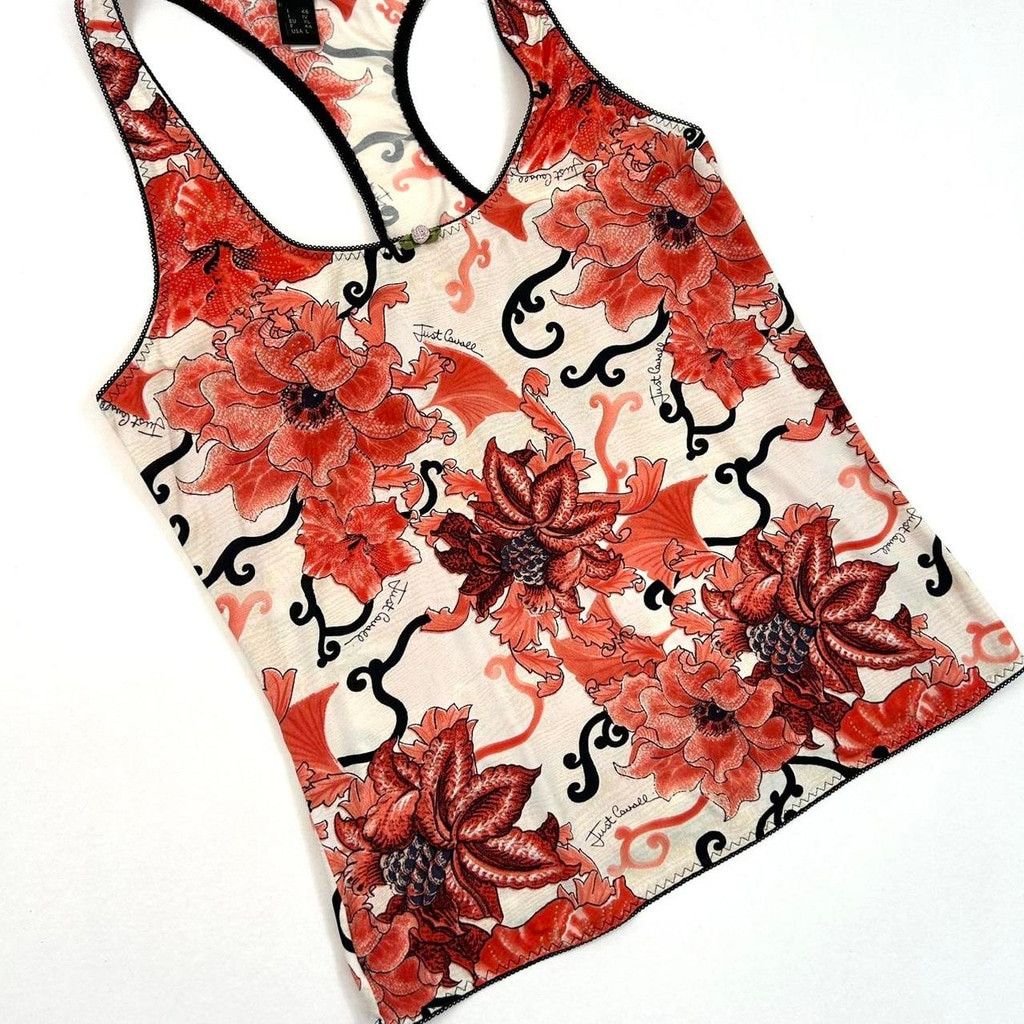 Just Cavalli y2k Cavalli white tank top, red and black floral print Size L / US 10 / IT 46 - 6 Thumbnail
