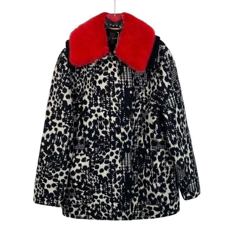Versace Black leopard print fur collar and long sleeves