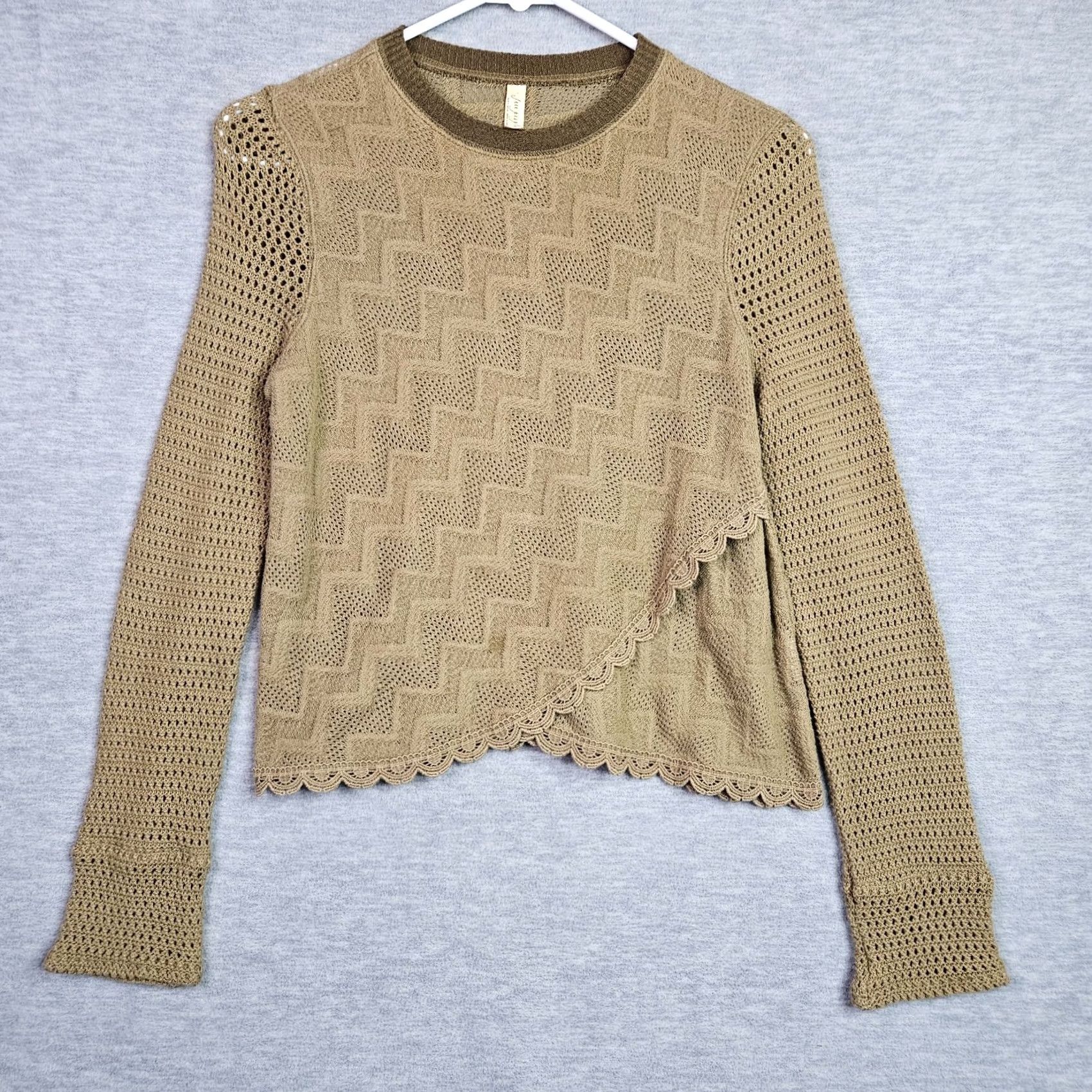 Free People Free People Women's Olive Green Crewneck Open Knit Long Sleeve Boho Top Sz S Size S / US 4 / IT 40 - 2 Thumbnail