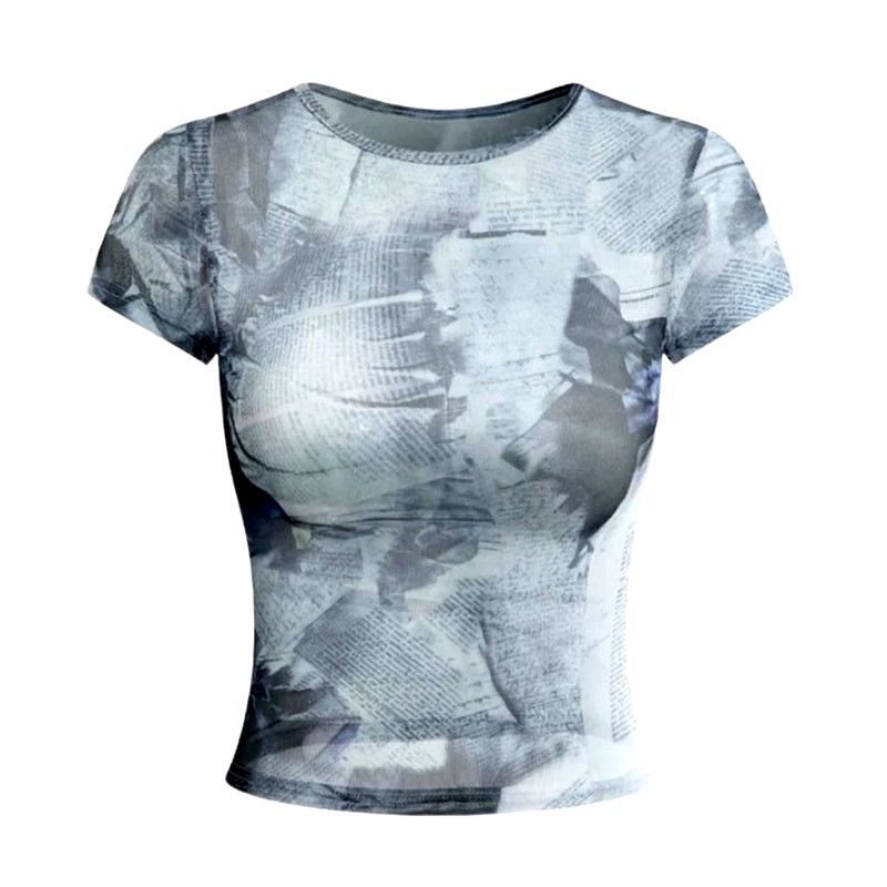 Other Micas Gray Melange Newspaper Pattern Mesh Sheer Mesh T-Shirt Size L / US 10 / IT 46 - 1 Thumbnail
