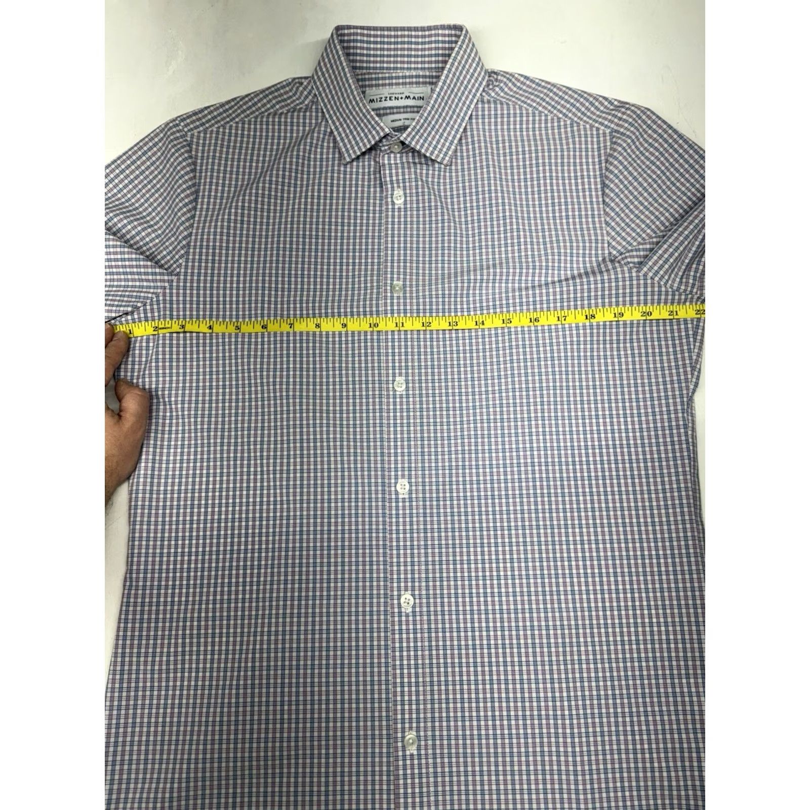Mizzen+Main Mizzen+Main Leeward Shirt Mens M Blue Pink Plaid Slim Fit Button-Up Long Sleeve Collared Breathing Stretch Workwear Business Size 40R - 3 Thumbnail