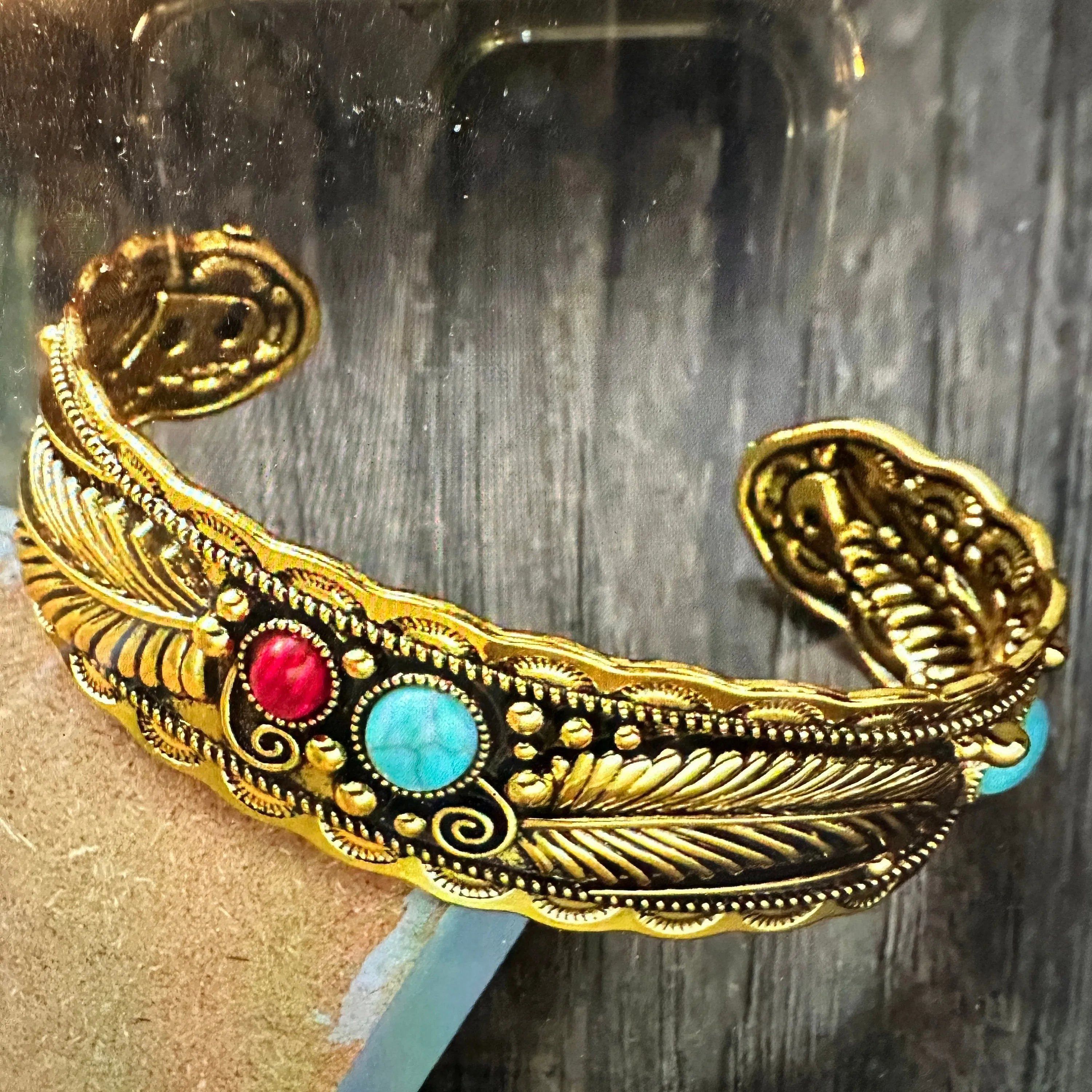 Other Handcrafted Boho Native American Bracelet, Gold Plated Turqu Size ONE SIZE - 2 Thumbnail