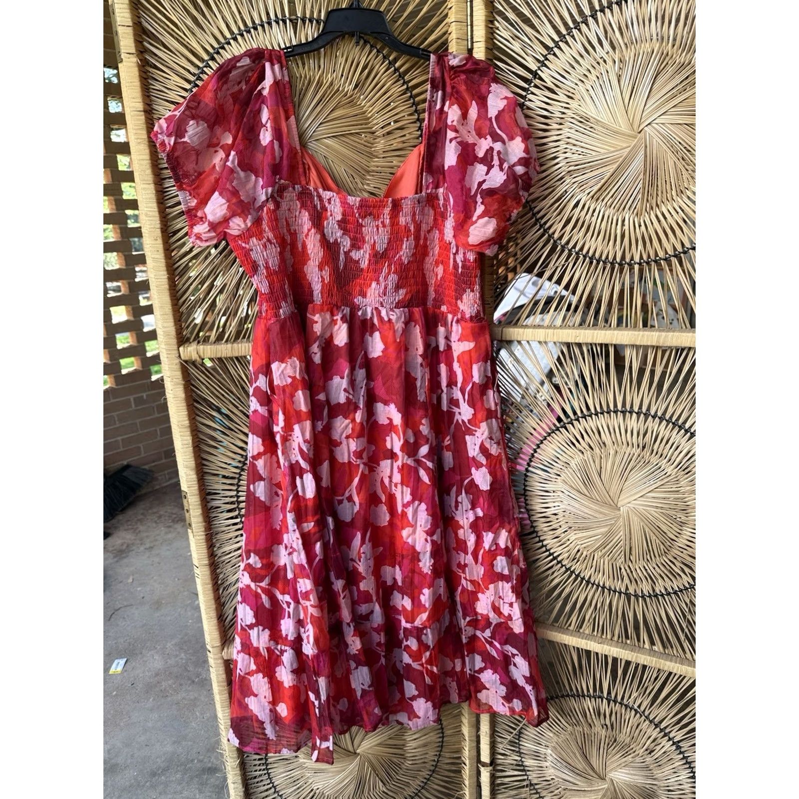 Torrid Torrid Dress Midi Cotton Smocked Lace Up Floral Shady Rose 2XL Womens Red Size XXL / US 16-18 / IT 52-54 - 6 Thumbnail