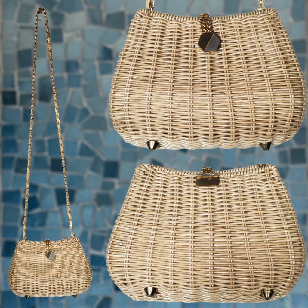Asket VINTAGE Crossbody Bag Natural Wicker Woven Basket with Metal Foldover Clasp, Vinyl Coated, Small, Classic Retro, Womens Size S / US 4 / IT 40 - 1 Thumbnail
