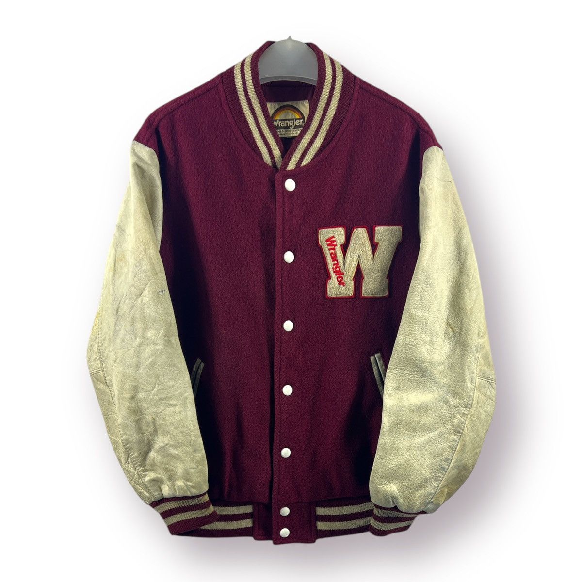 Vintage 🔥 Vtg 90's japan Wrangler Leather Sleeves Varsity Jacket Size US S / EU 44-46 / 1 - 1 Thumbnail