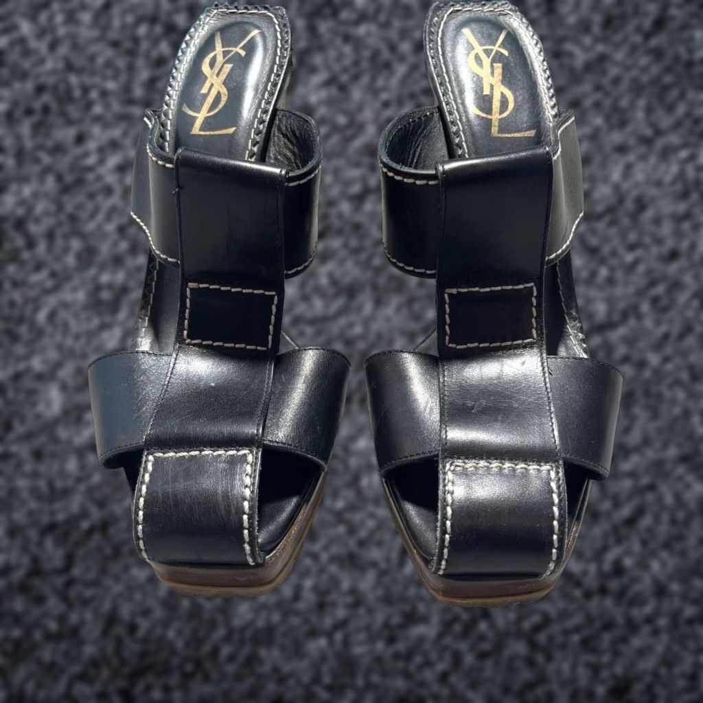 YVES Saint Laurent Black Platform Sandals Women 9 39.5 Leather Strappy Slip-On Chunky Heel Shoes