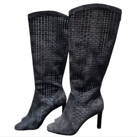 Vince Camuto Shelrica Boot Black Woven Suede Peep Toe NWOB E