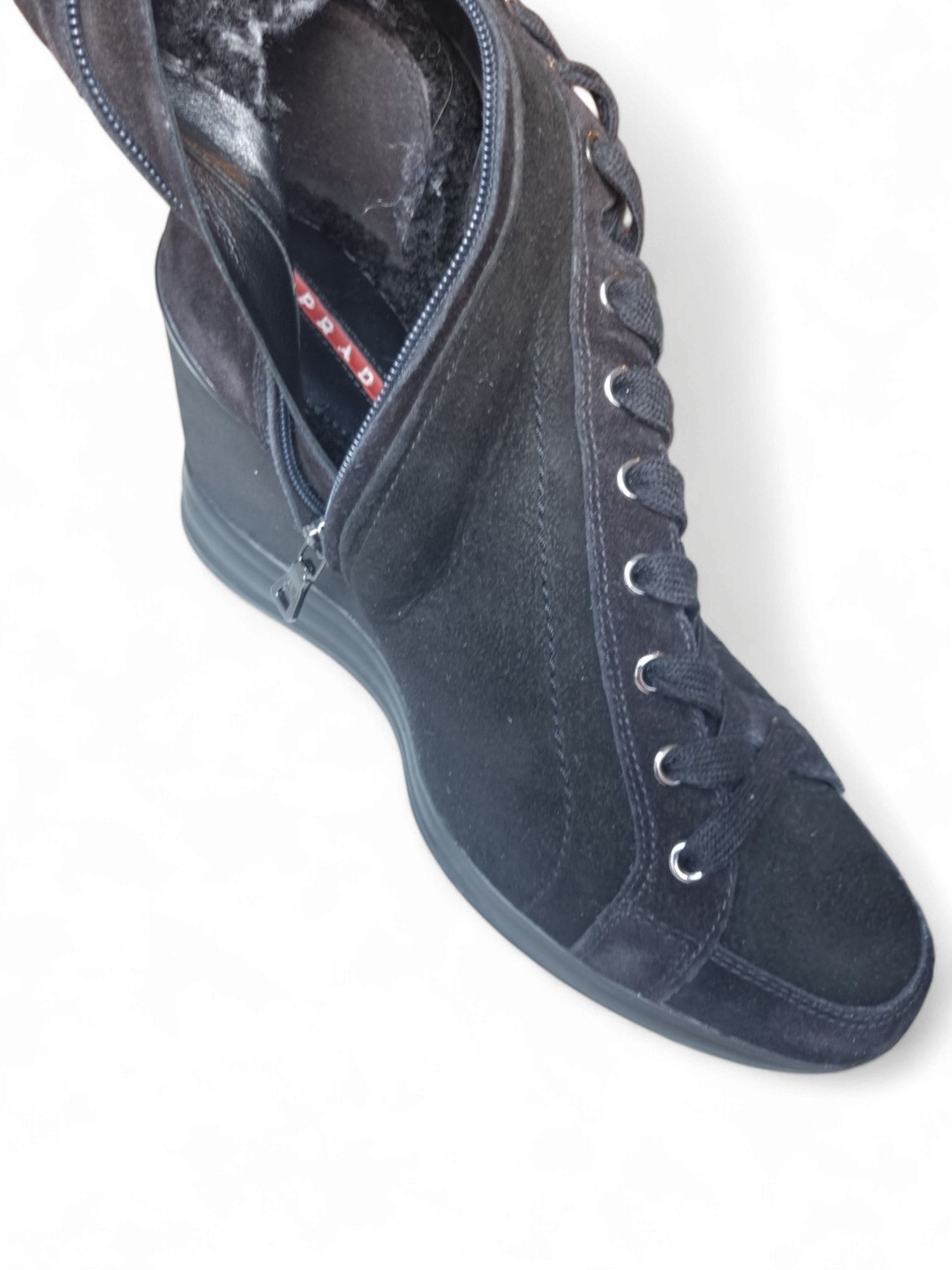 Prada Box Prada Suede Sheepskin Wedge Lace Up Leather Upper Boots Size US 6 / IT 36 - 22 Thumbnail