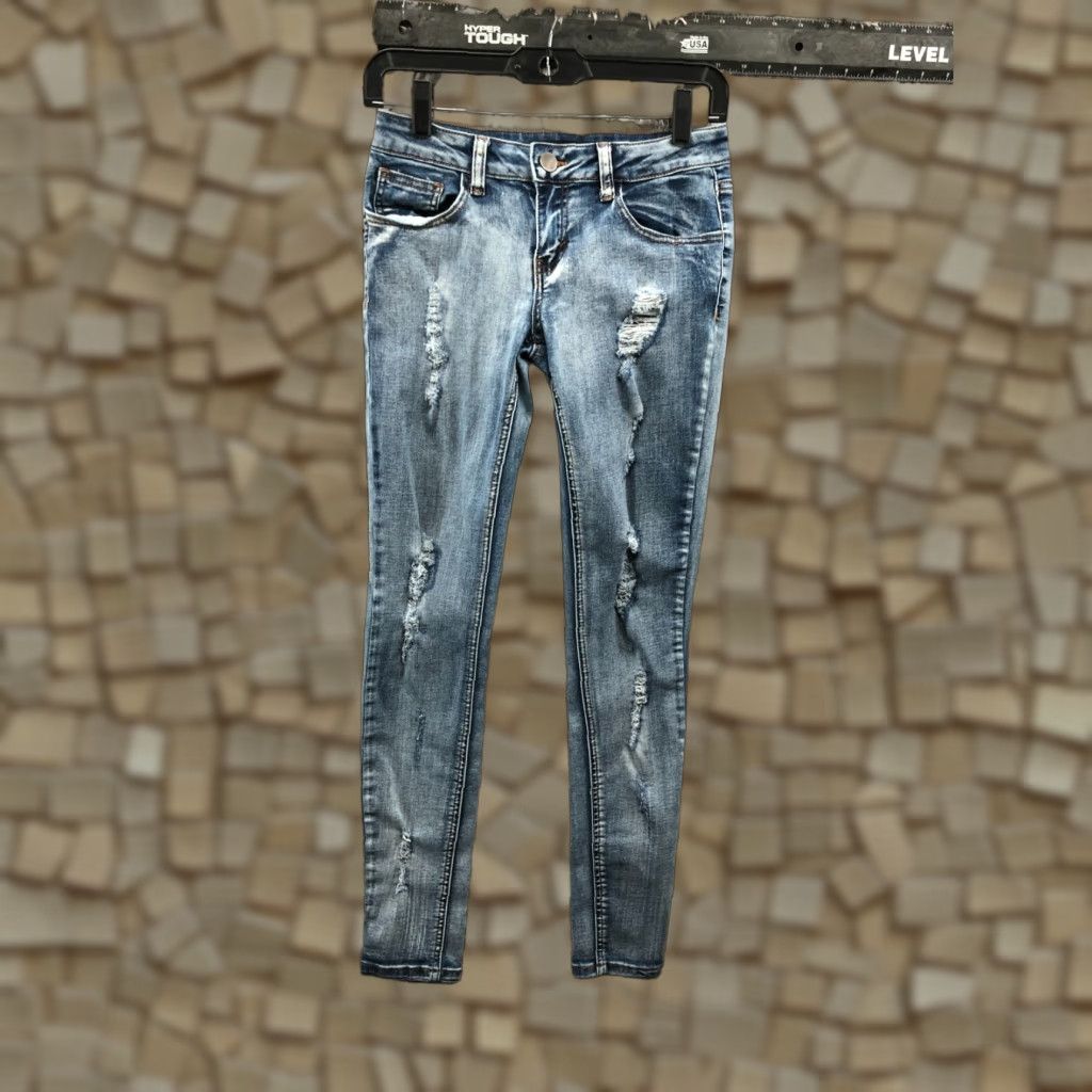 Vintage Ashley Mason Jeans Distressed Skinny Low Rise Size 1 Juniors Medium Wash Blue Size 25" / US 0 / IT 36 - 1 Thumbnail