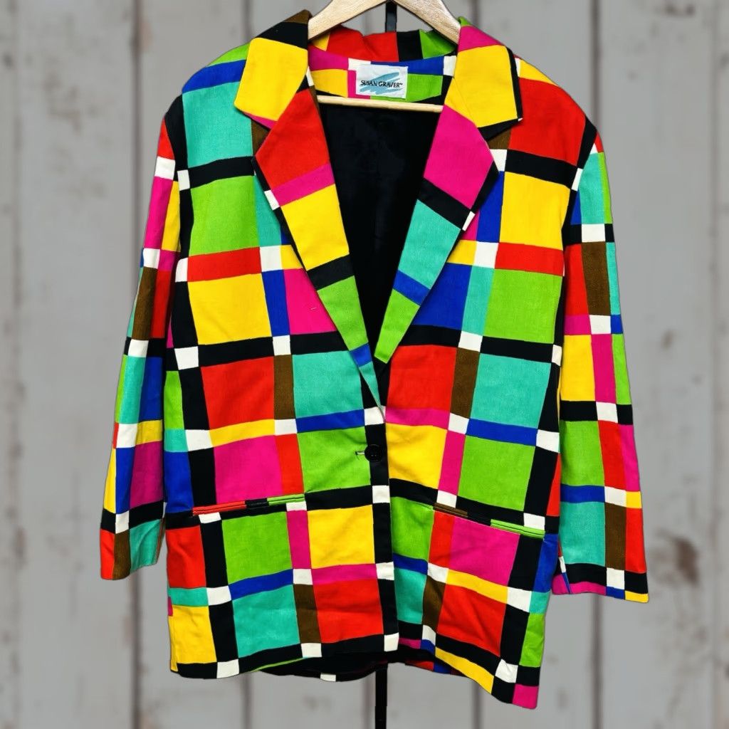 VINTAGE Susan Graver Blazer Long 1980s Colorful Bold Plaid Multicolor Cotton Blend Twill Women L