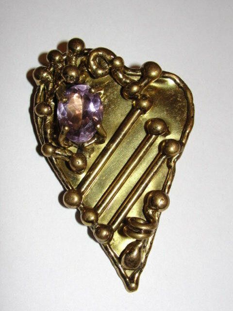 Handmade Hand made Brass and Amethyst Heart Set Pin and Earrings Size ONE SIZE - 3 Thumbnail