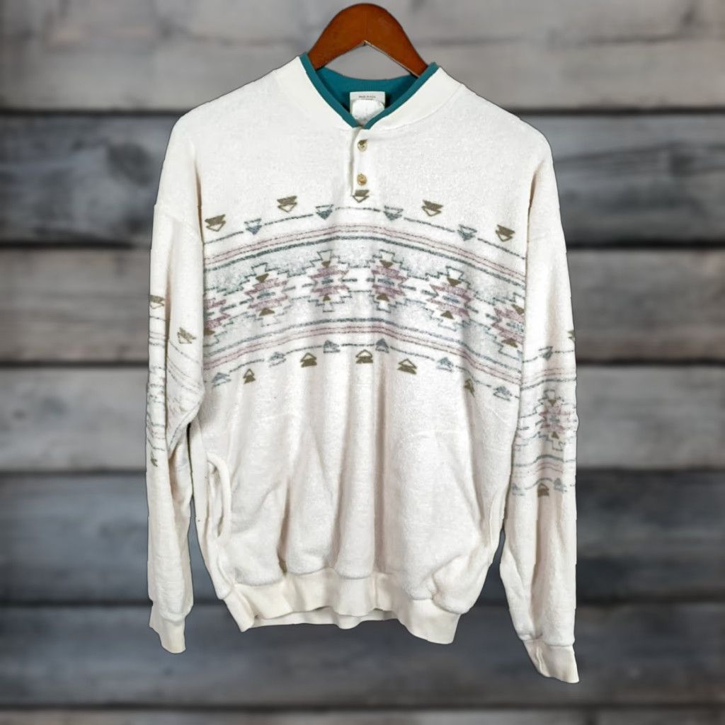 Vintage VINTAGE Art Unlimited Sweatshirt Crew Neck Long Sleeve Women's Medium Ivory Southwestern Geometric 90s Tribal Fall Winter Size M / US 6-8 / IT 42-44 - 1 Thumbnail