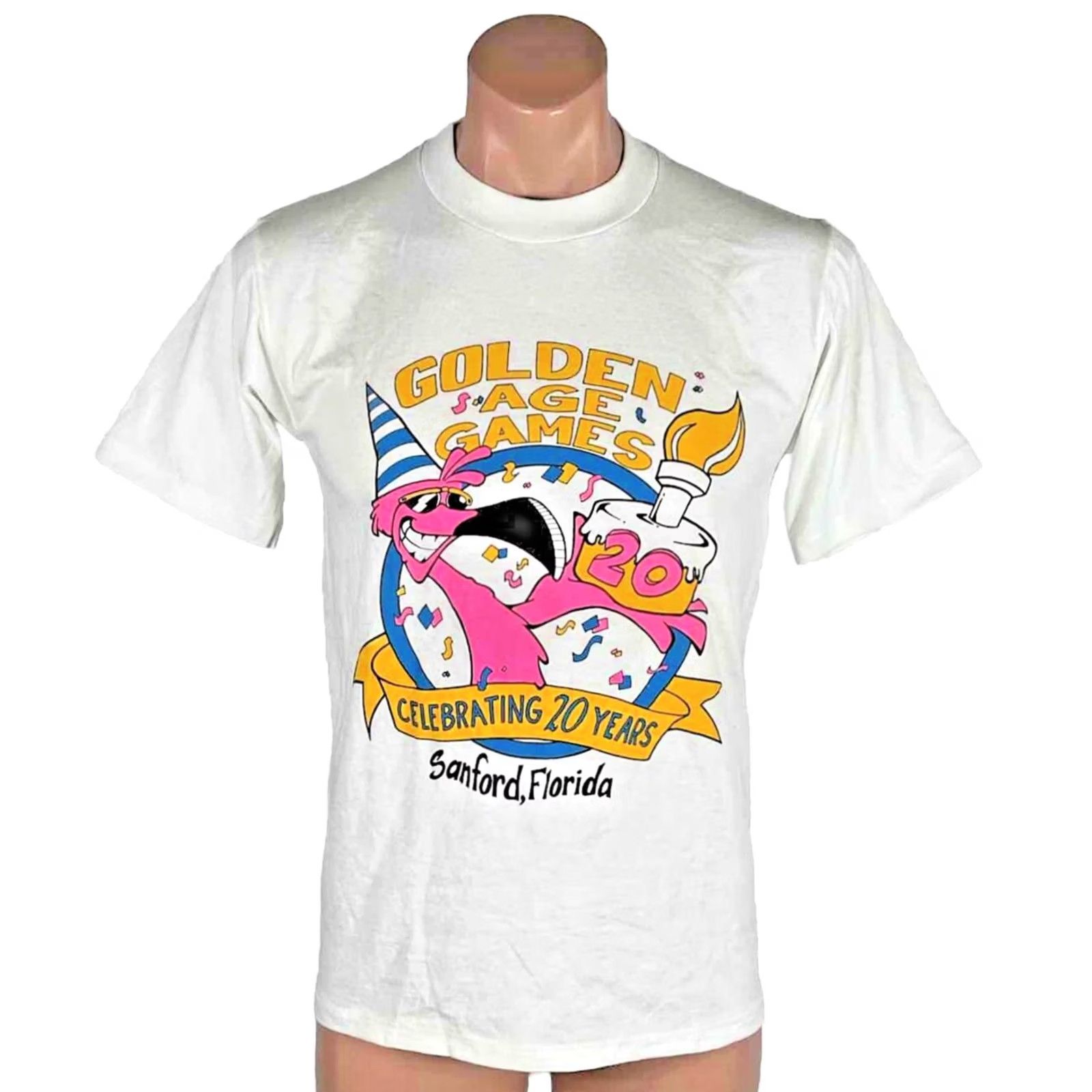 Jerzees VINTAGE Jerzees Golden Age Games T-shirt Mens Medium White Crew Neck Short Sleeve Florida Neon Graphic Print 20 years USA MADE Size US M / EU 48-50 / 2 - 2 Thumbnail