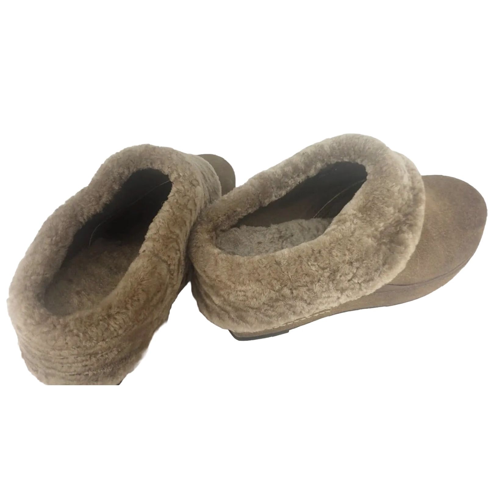 Olive ANTEOLOPE COLLECTION Olive Brown SUEDE WEDGE CLOGS Slip On Fur Lined Trim Womens 8 EU39 Size US 8 / IT 38 - 4 Thumbnail