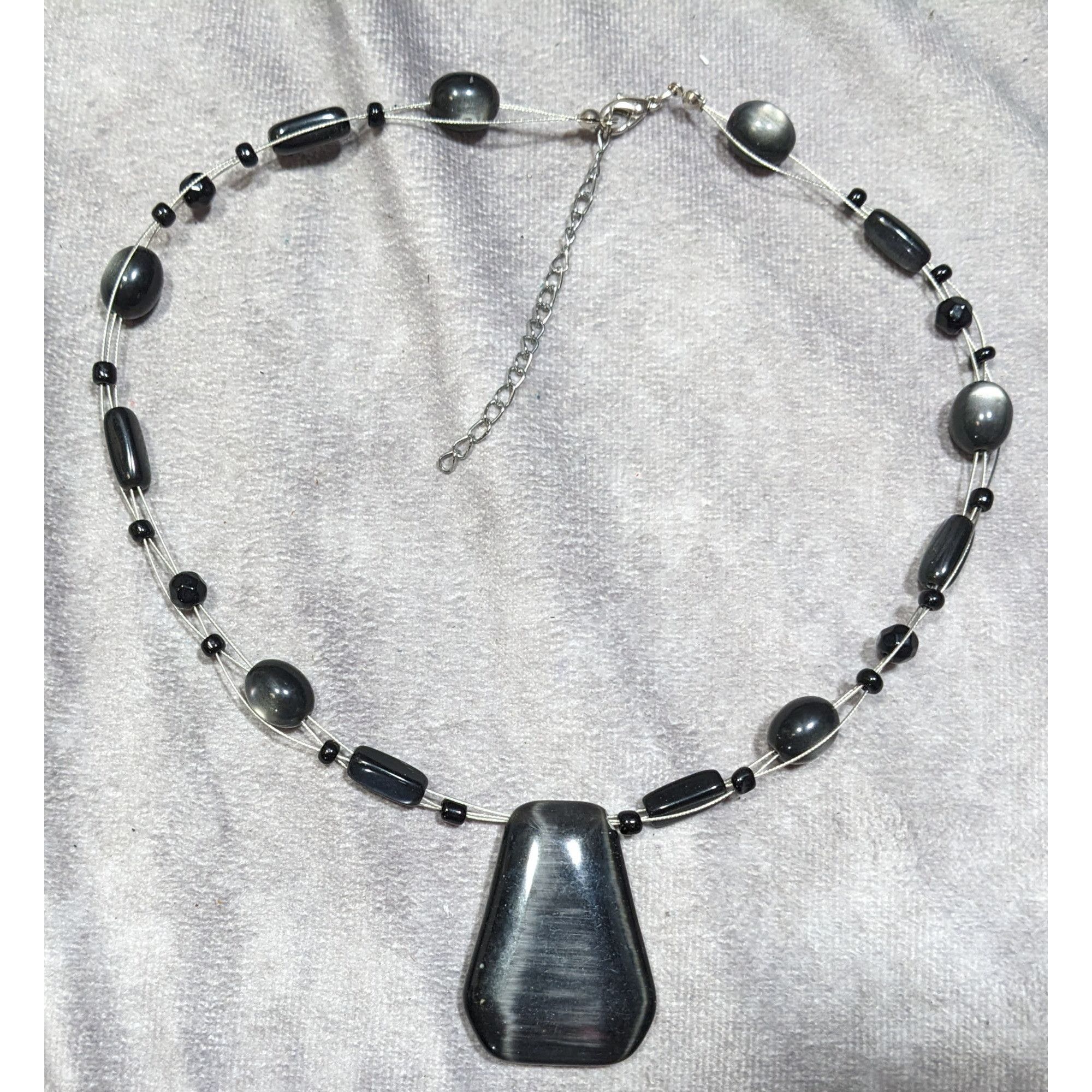 Other Gothic Black Cateye Glass Beaded Necklace With Geometric Pen Size ONE SIZE - 6 Thumbnail