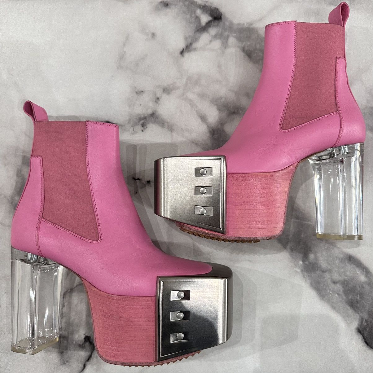 Rick Owens RICK OWENS ROSE PINK LEATHER PLATFORM KISS BOOTS SIZE