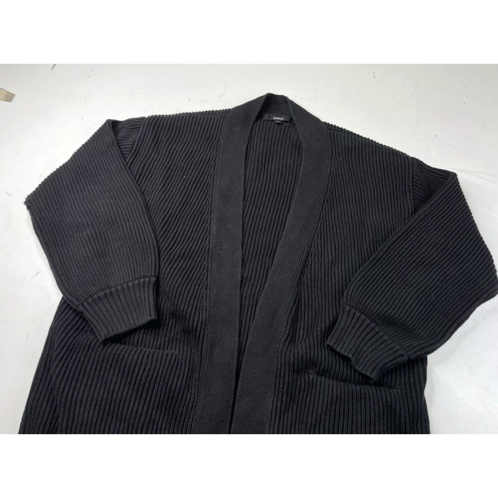 Quince Quince Cardigan Sweater Womens M Black Organic Cotton Ribbed Open Front Pockets V-Neck Dolman Sleeve All Seasons Knit Regular 100% Cotton Size M / US 6-8 / IT 42-44 - 2 Thumbnail