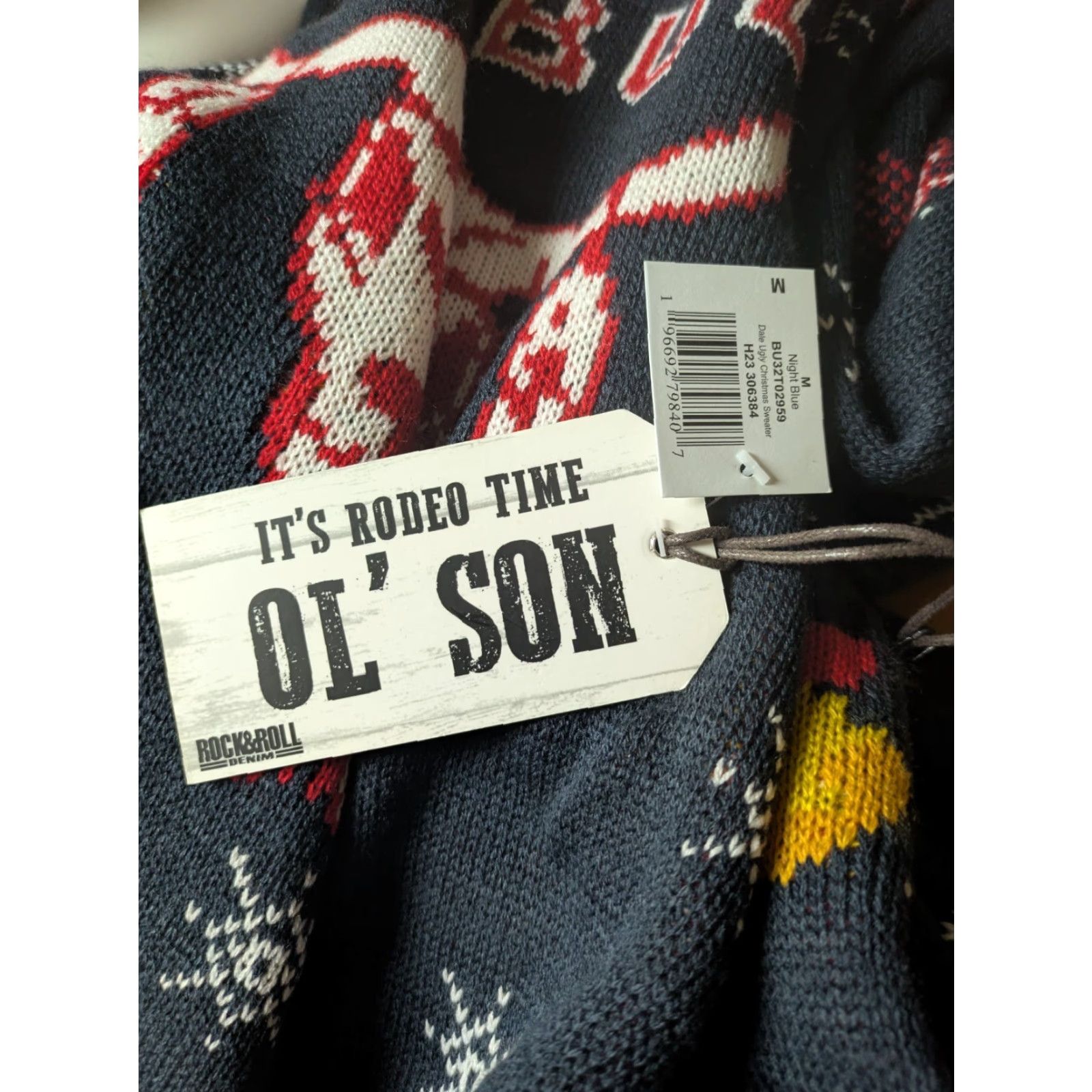Denime Rock & Roll Denim Sweater Men Medium Dale Brisby Holiday Jingle Bells & Ridin' Bulls Blue Size US M / EU 48-50 / 2 - 7 Thumbnail