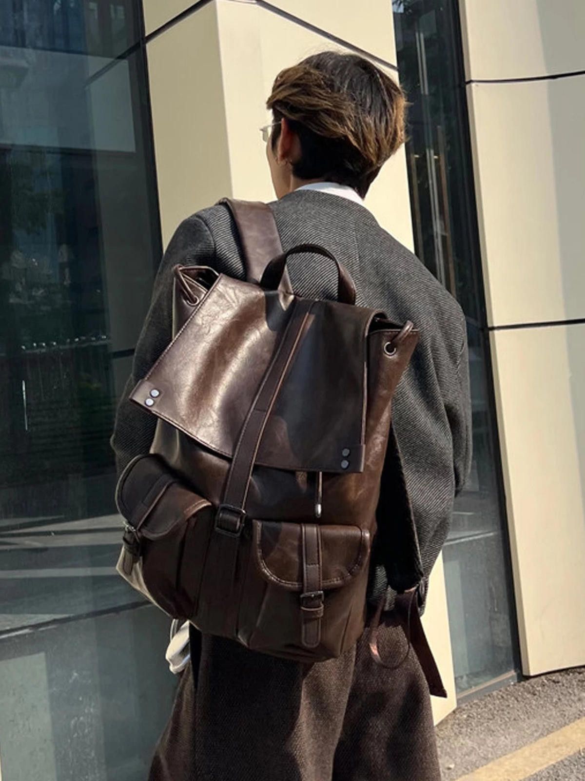 Leather Dark Brown Vintage Leather Backpack, Classic Rucksack Size ONE SIZE - 1 Thumbnail