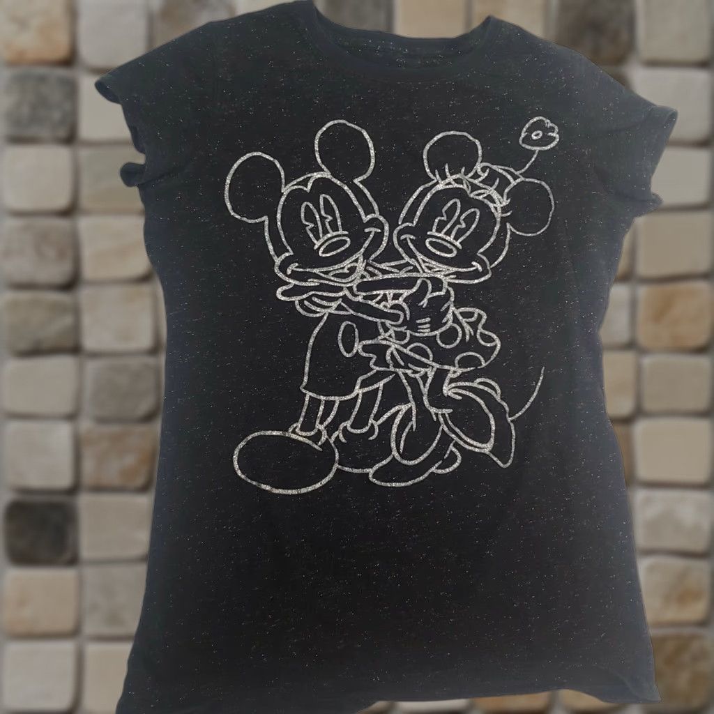 Disney Disney Parks T-Shirt Woman L Black Mickey Mouse Minnie Silver Glitter Cap Sleeve Casual 99% Cotton 1% Lurex Regular Womens Size L / US 10 / IT 46 - 1 Thumbnail