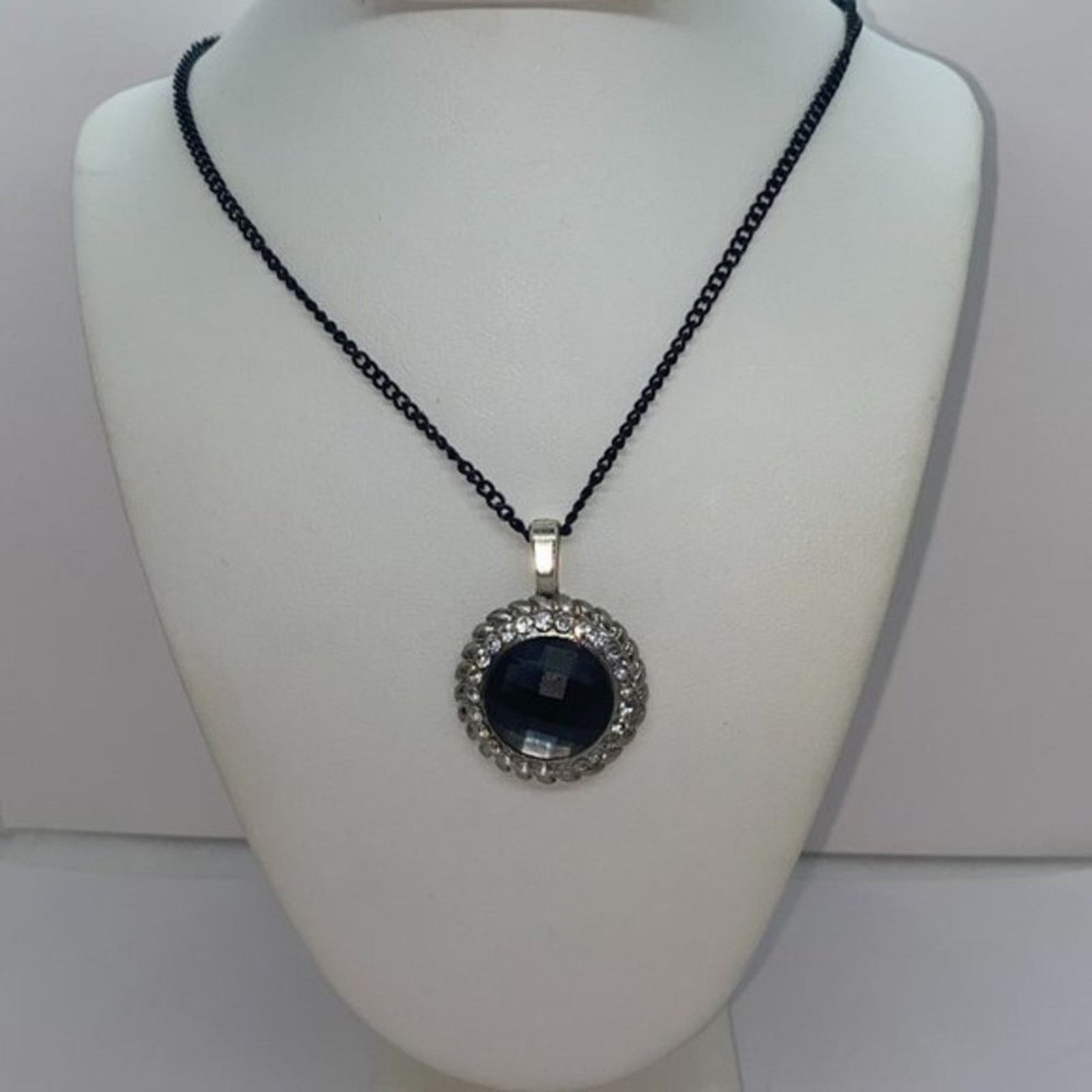 Handmade Silver-Tone Texture Blue Rhinestone Black Necklace Size ONE SIZE - 1 Thumbnail