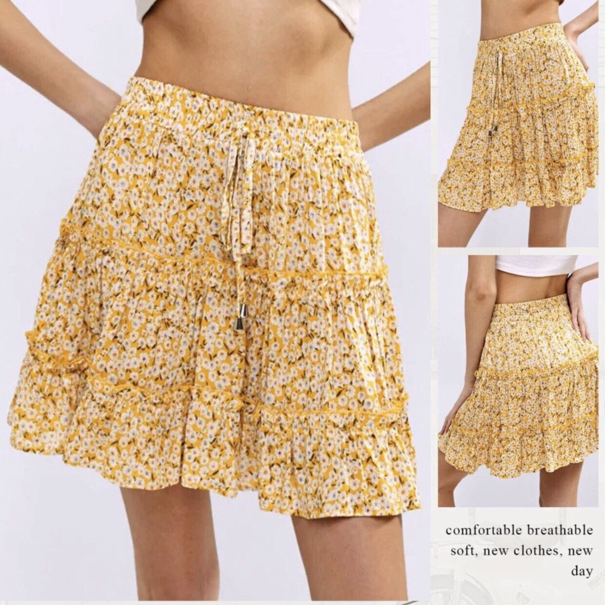 Other Womens Teen Tired Yellow Floral Print Skirt Sz S Elastic Size 27" / US 4 / IT 40 - 2 Thumbnail