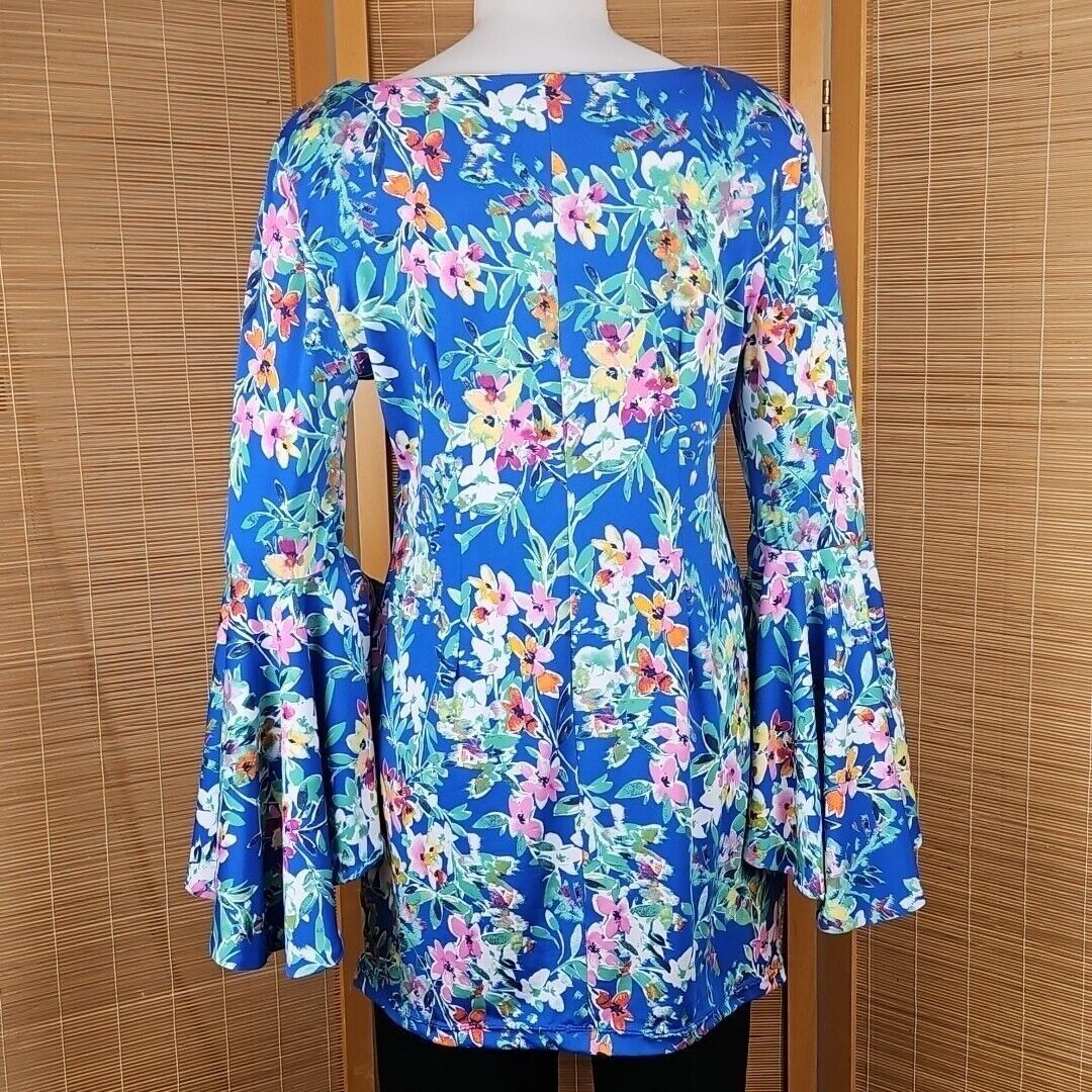 Vintage Shelby Palmer Bell Sleeve Tunic Top Womens 12 Teal Floral Pr Size XL / US 12-14 / IT 48-50 - 3 Thumbnail