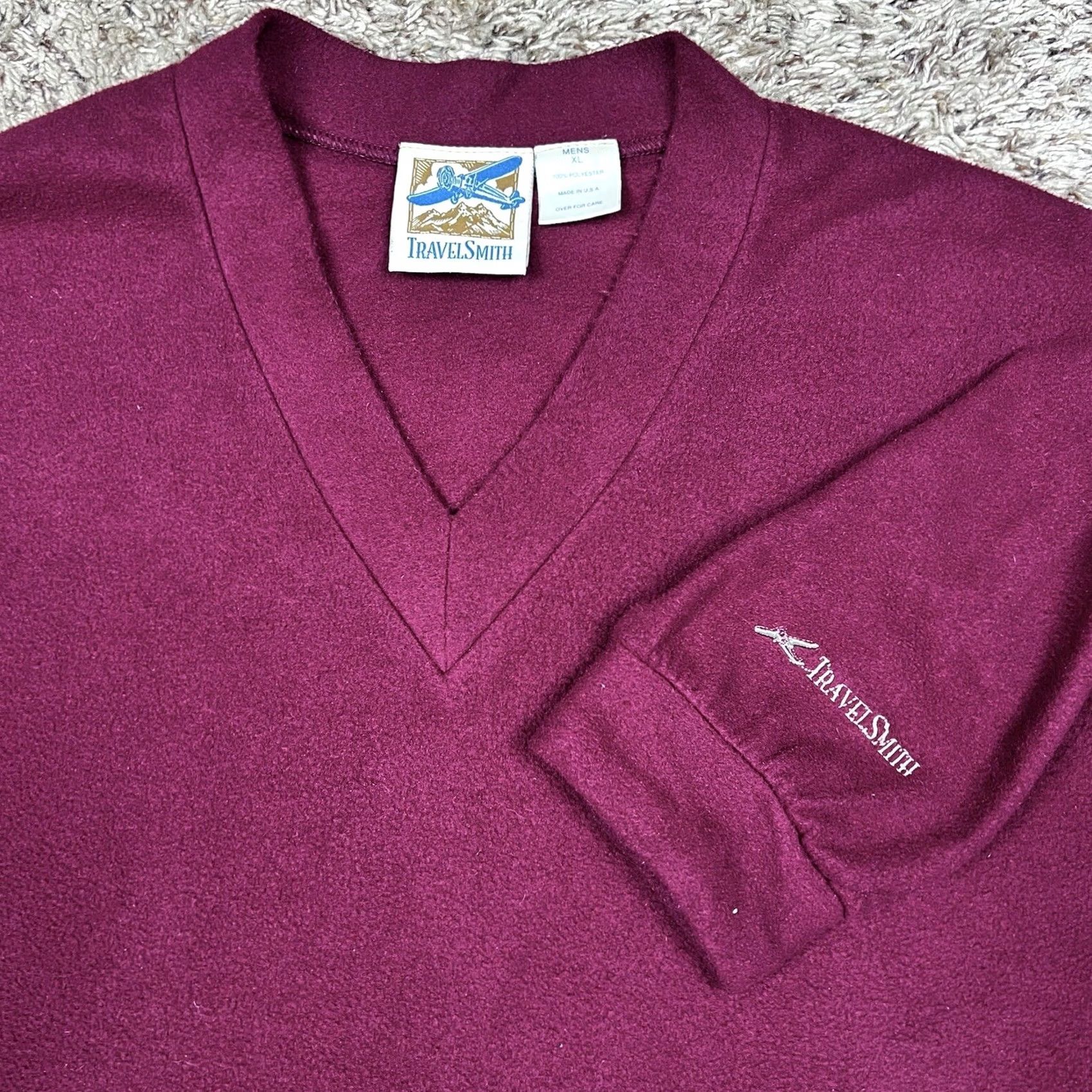 Vintage VINTAGE Travel Smith Sweatshirt Mens XL V-Neck Burgundy Fleece Embroidered Logo USA 90s Size US XL / EU 56 / 4 - 2 Thumbnail