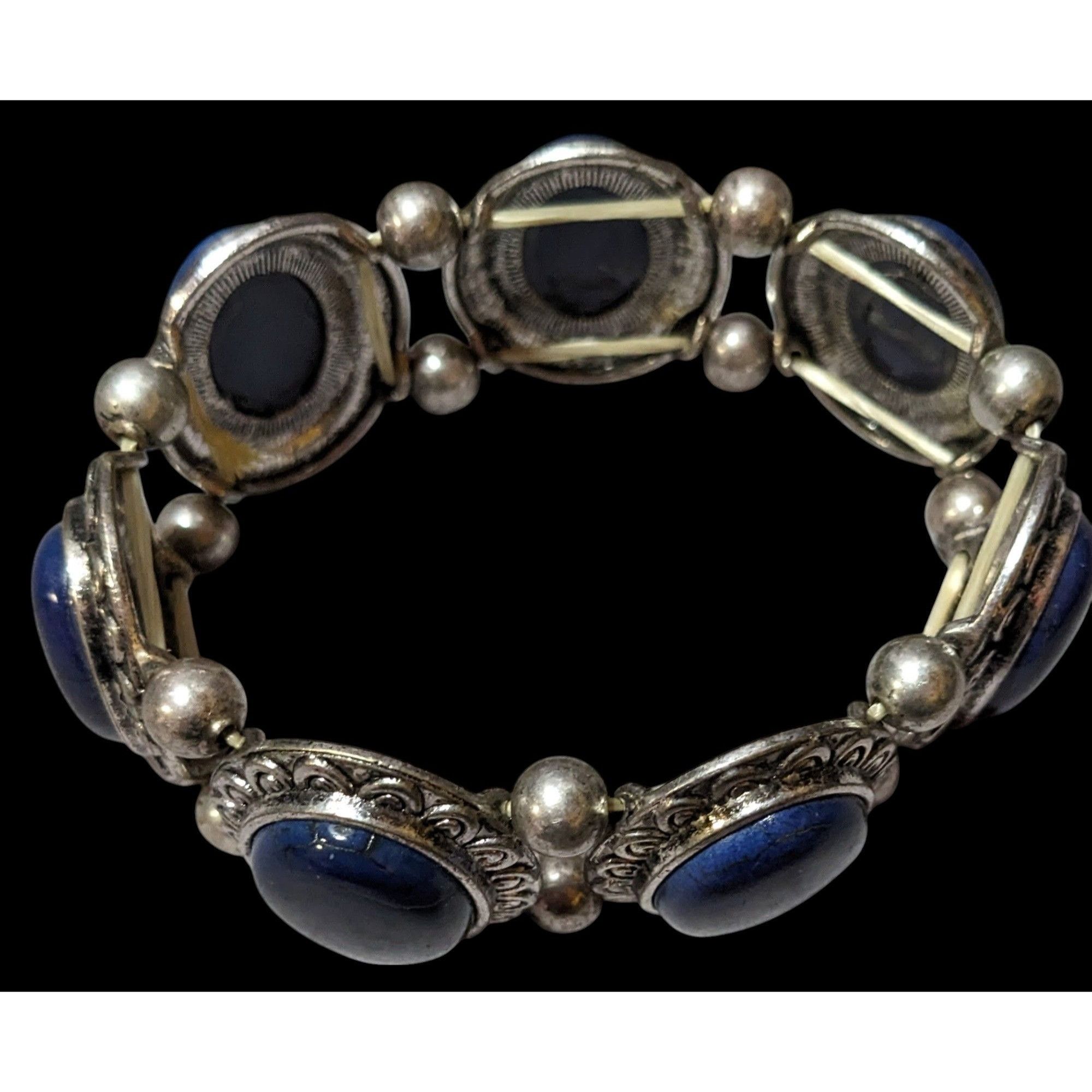 Other Silver Tone And Blue Cabochon Vintage Style Stretch Bracelet Size ONE SIZE - 4 Thumbnail
