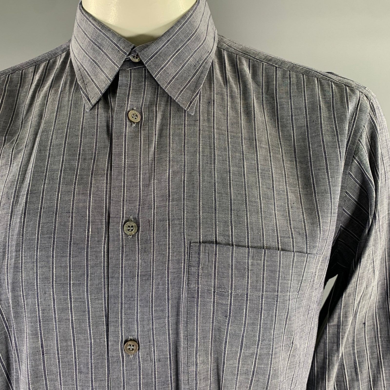 Brioni BRIONI L Navy Grey Stripe Linen Blend Pointed Collar Shirt Size US L / EU 52-54 / 3 - 2 Thumbnail