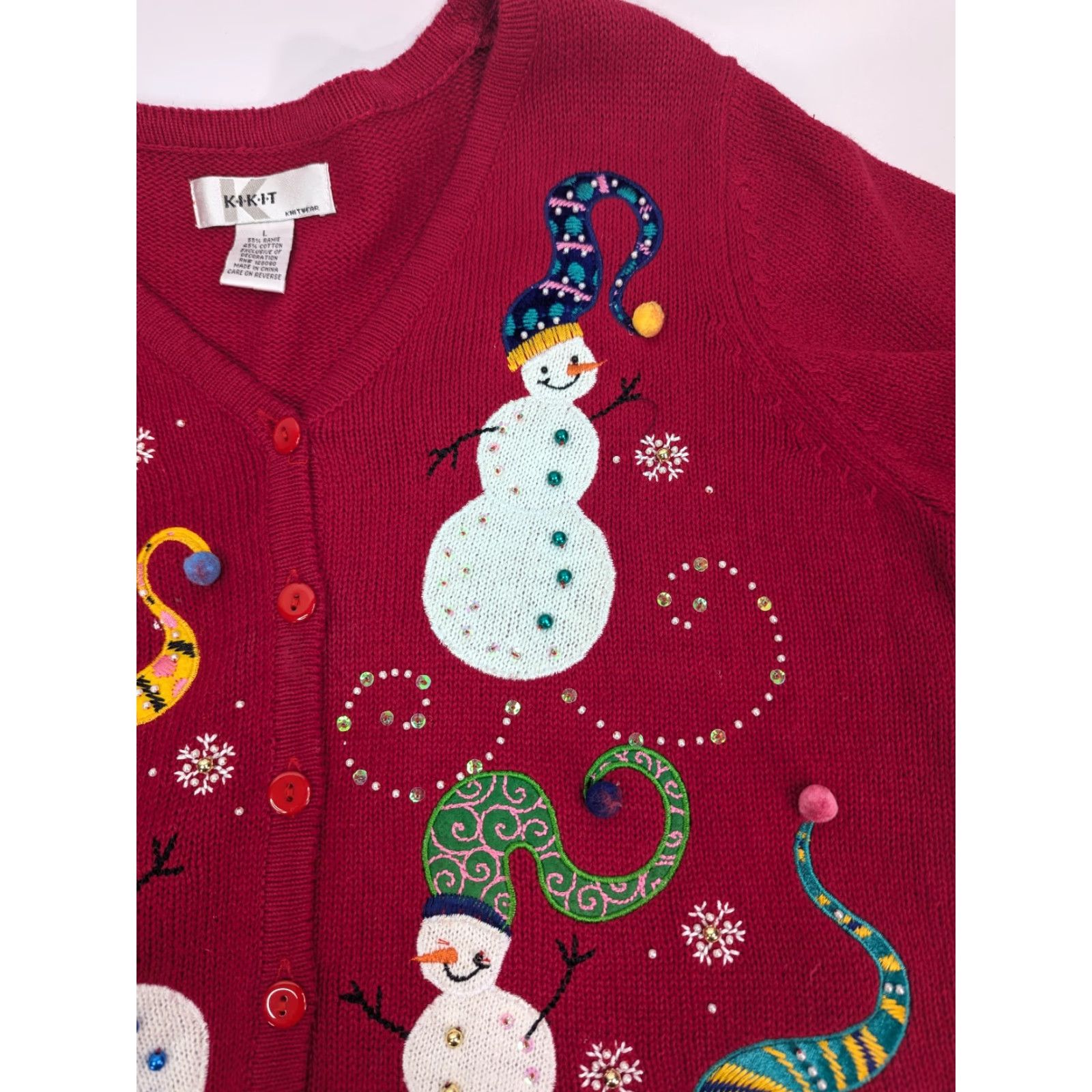 Vintage VINTAGE KIKIT Sweater Cardigan Women Long Sleeve Red Beaded Embroidered Button Snowman Christmas L Womens Size L / US 10 / IT 46 - 4 Thumbnail