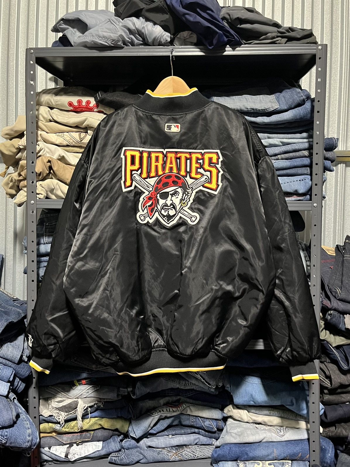 image of Mlb x Starter Vintage 90's Pittsburgh Pirates Starter Satin Bomber Jacket in Black, Men's (Size 2XL