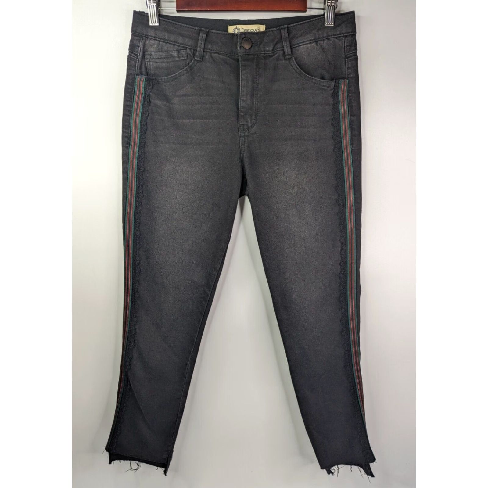 Vintage Democracy Jeans Women's Size 6 Raw Hem Ankle Black Side Stripe Lace Size 28" / US 6 / IT 42 - 2 Thumbnail