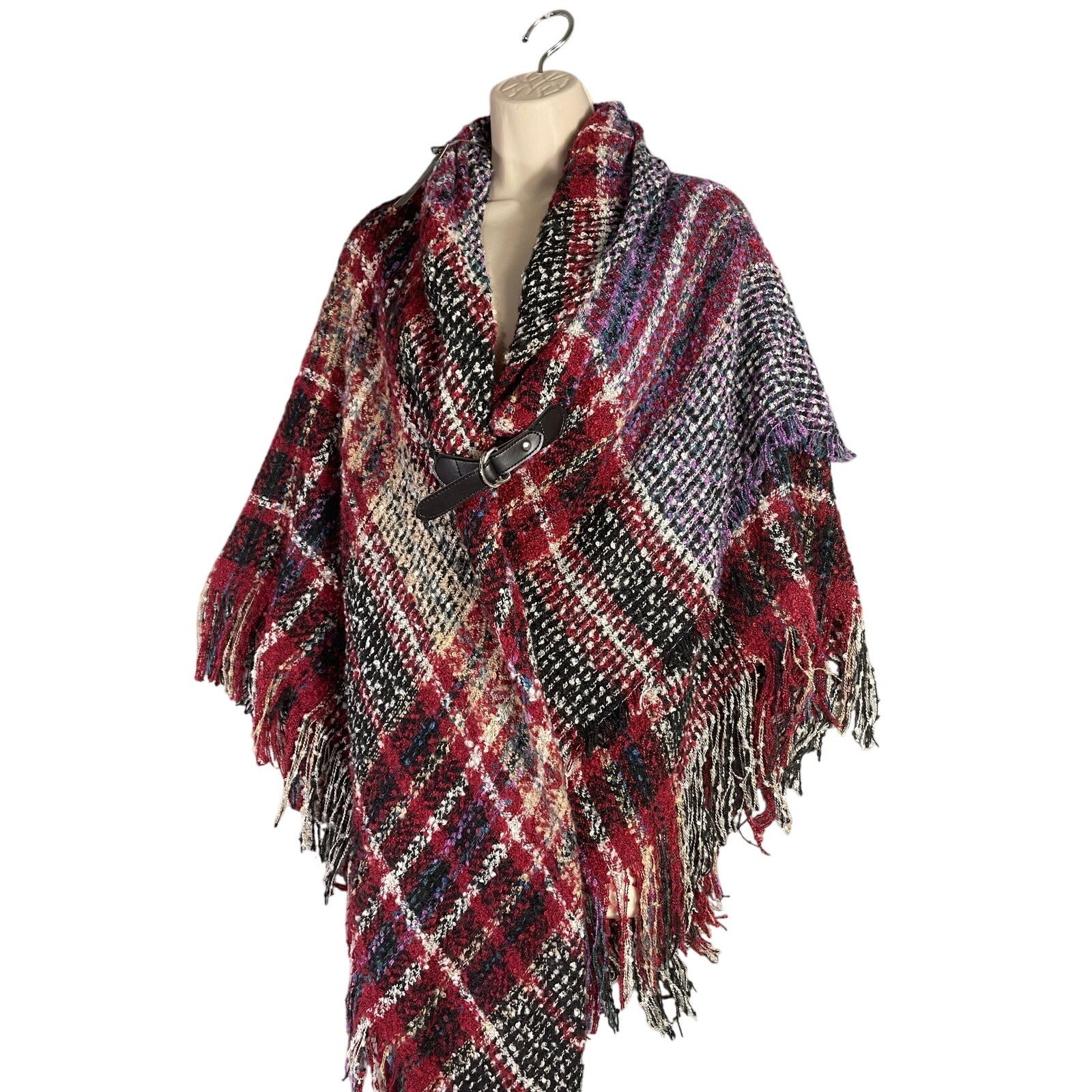 Vince Camuto Vince Camuto Wine Plaid Fringed Shawl Wrap Poncho OS Size ONE SIZE - 2 Thumbnail