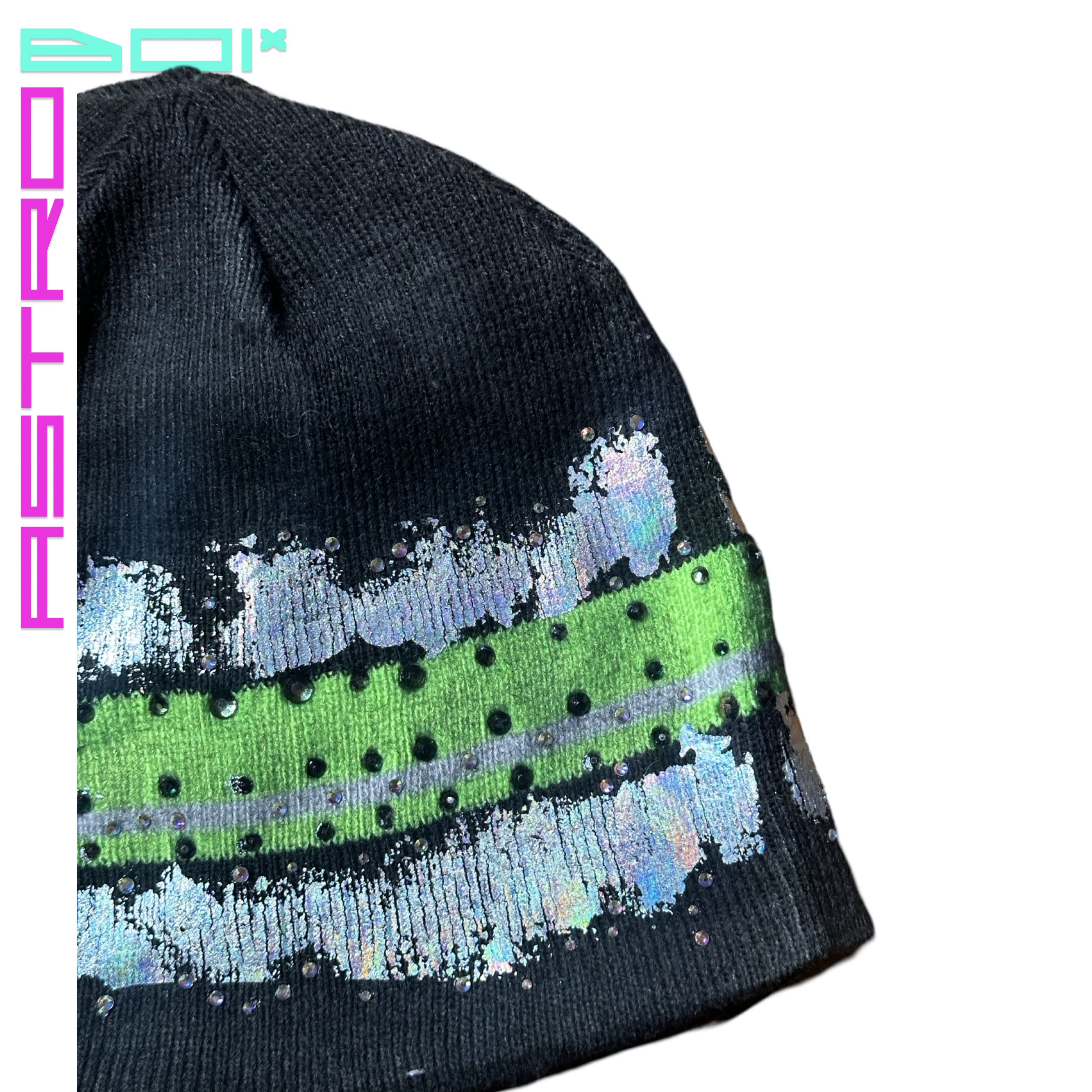 Other ASTROBOI* GREY BEANIE W/ SLIME GREEN STRIPE AND RHINESTONES Size ONE SIZE - 8 Thumbnail