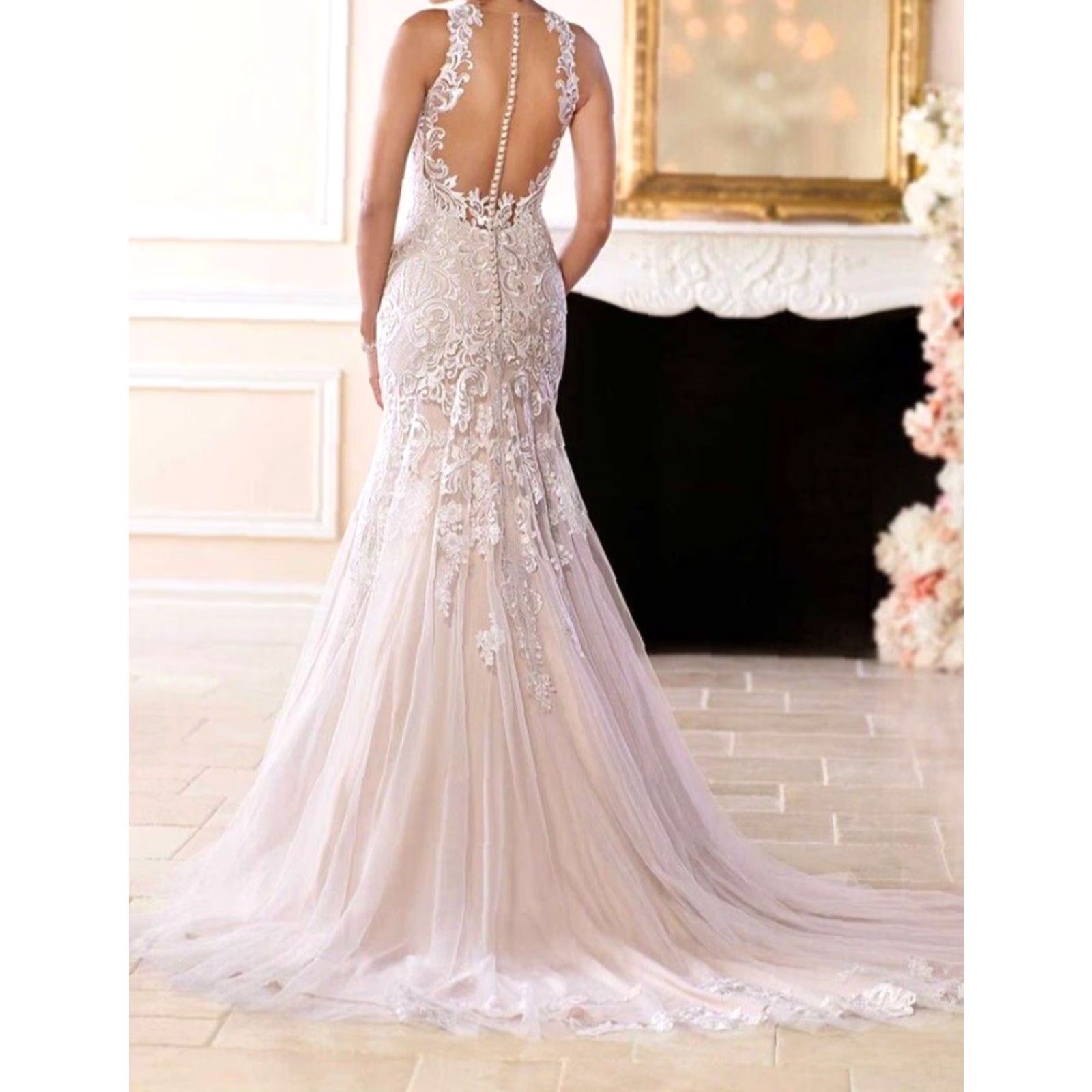 Vintage Stella York 6600 Mermaid Wedding Dress Halter Neckline Size 16 Ivory Lace Crystal Dams Ruffles Sleeveless Full-Length Ball Gown Sample Womens Size ONE SIZE - 2 Thumbnail