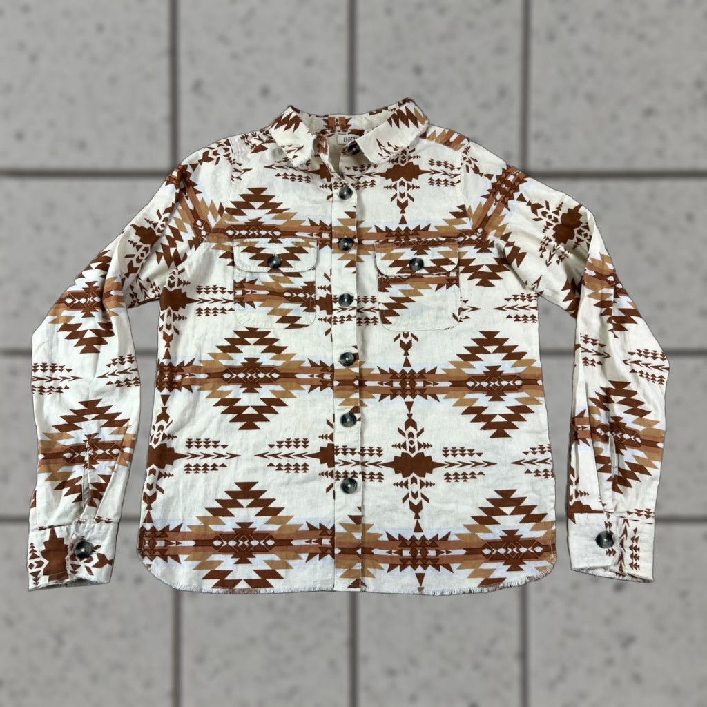 BKE BKE Shirt Women’s Aztec Washed Cream Rust Button Frayed Hem Size S Long Sleeve Ivory Color Button-Up 100% Cotton Highway? Size S / US 4 / IT 40 - 1 Thumbnail