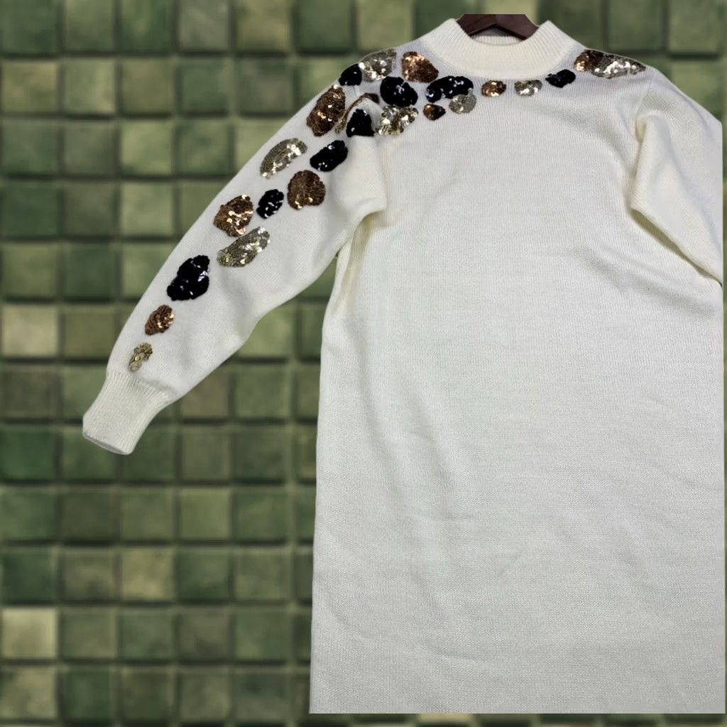 Vintage VINTAGE Darian Cheetah Print High Neck Knit Sweater Dress Women's Small S Long Sleeve Sequin Accents 80s 90s Bohemian Classic Ivory Knit Dress Size S / US 4 / IT 40 - 1 Thumbnail