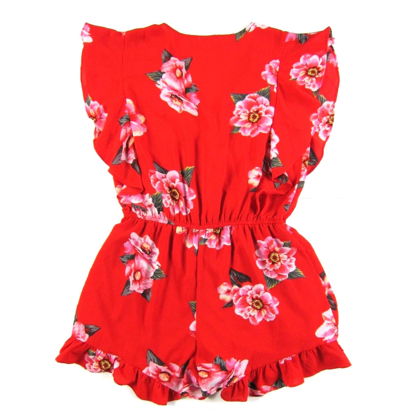 Vintage UMGEE USA Red Green Pink Rose Floral V-Neck Cap Sleeve Shorts Romper Jumpsuit L Size 36" / US 14 / IT 50 - 2 Thumbnail