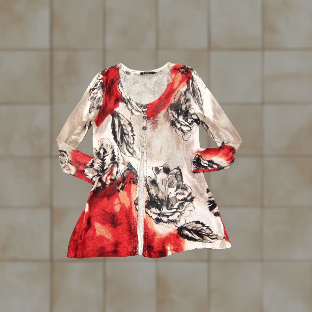 Vintage ZOZO Cardigan Womens Large Beige Red Knit Sheer Floral Linen Viscose Button Up Size L / US 10 / IT 46 - 1 Thumbnail