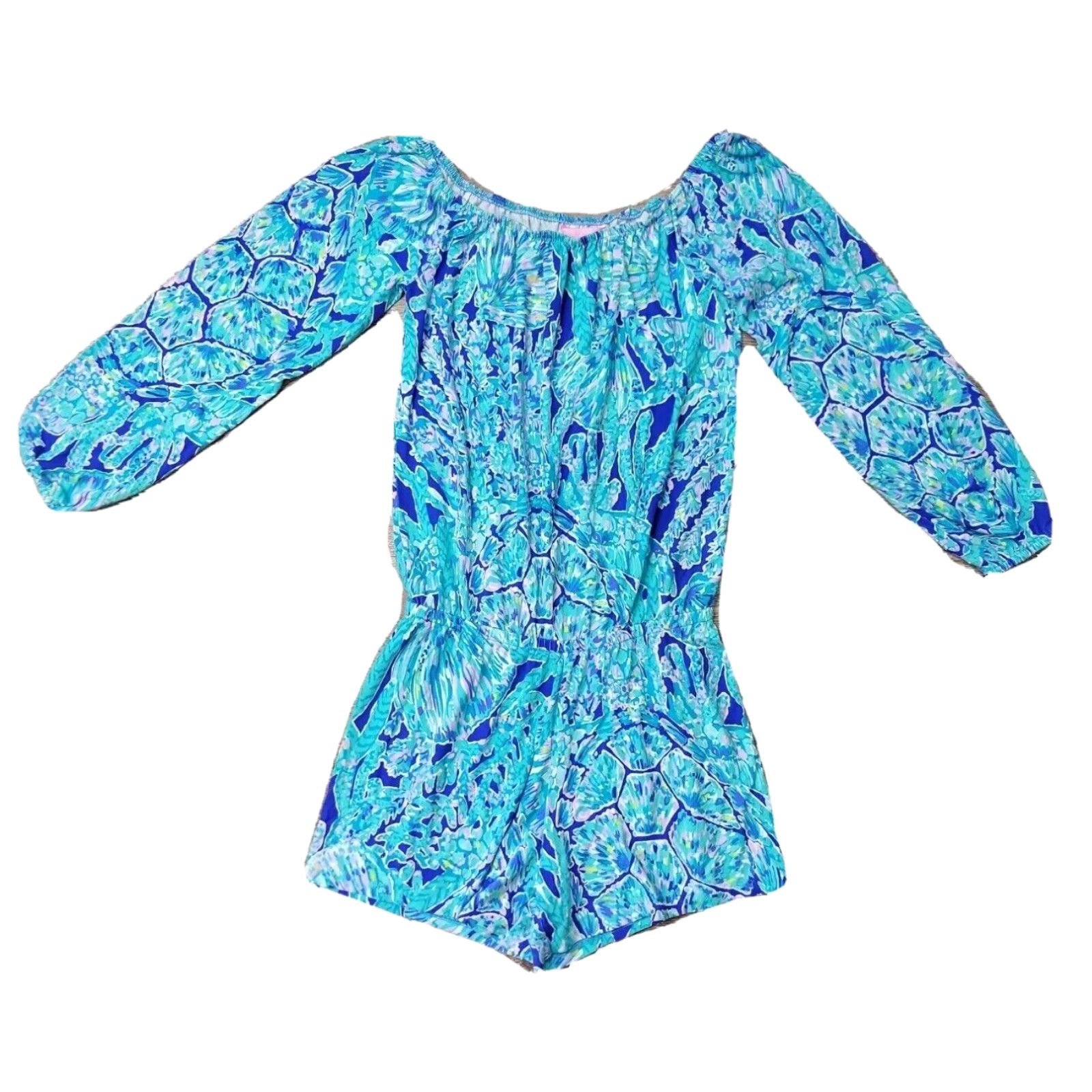 image of Lilly Pulitzer Lana Romper Women's Xs Stretch Long Sleeve Blue Tortuga Time in White (Size 26)