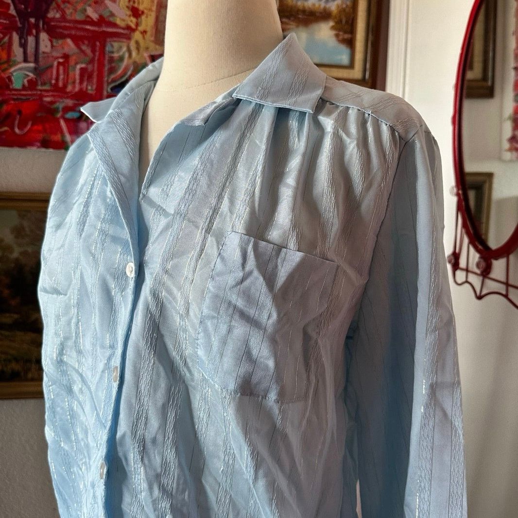 Other no brand blue silver striped button up blouse Size L / US 10 / IT 46 - 2 Thumbnail