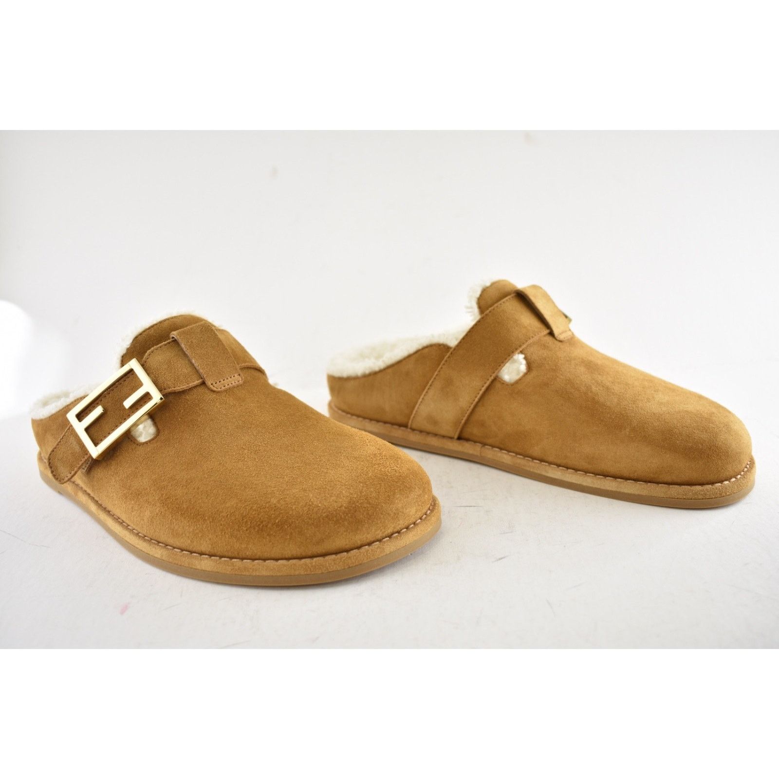 Fendi Fendi Feel Mules Caramel Brown Suede Shearling FF Gold Logo Size US 12 / IT 42 - 4 Thumbnail
