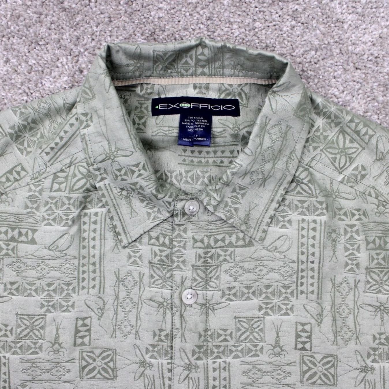 ExOfficio ExOfficio Shirt Mens Small Green Geometric Modal/Poly Blend Short Sleeve Button Shirt Size US S / EU 44-46 / 1 - 5 Thumbnail
