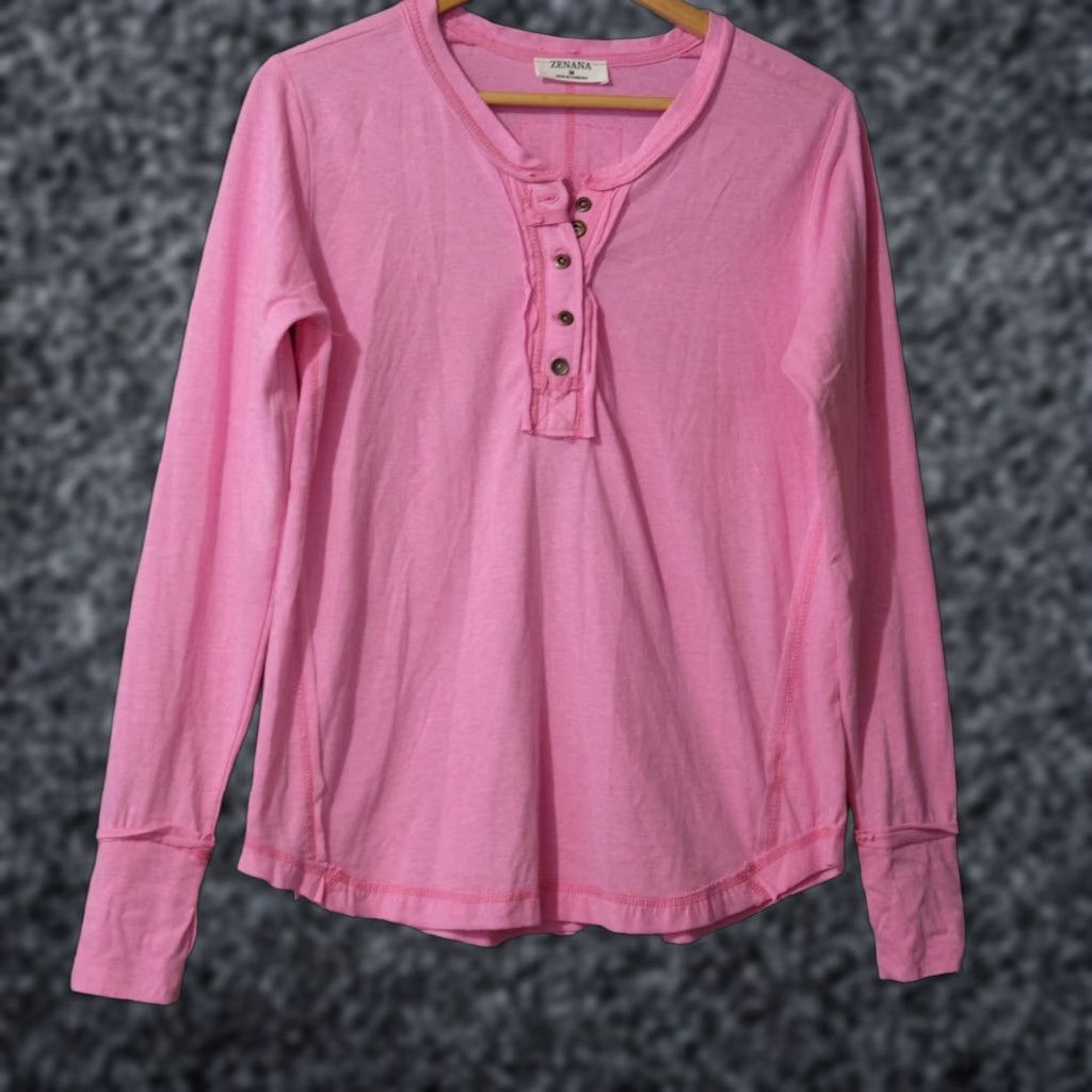 Vintage Nwot! Zenana Long Sleeve Pink Henley T Shirt Thumb Hole Women's M #H86-6 Size M / US 6-8 / IT 42-44 - 1 Thumbnail
