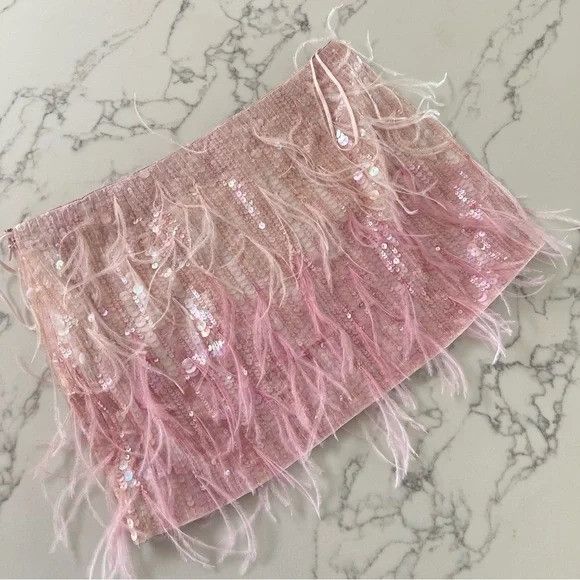 Retrofete Retrofête Athana Sequin Feather Mini Skirt – Dusty Pink Size 27" / US 4 / IT 40 - 3 Thumbnail