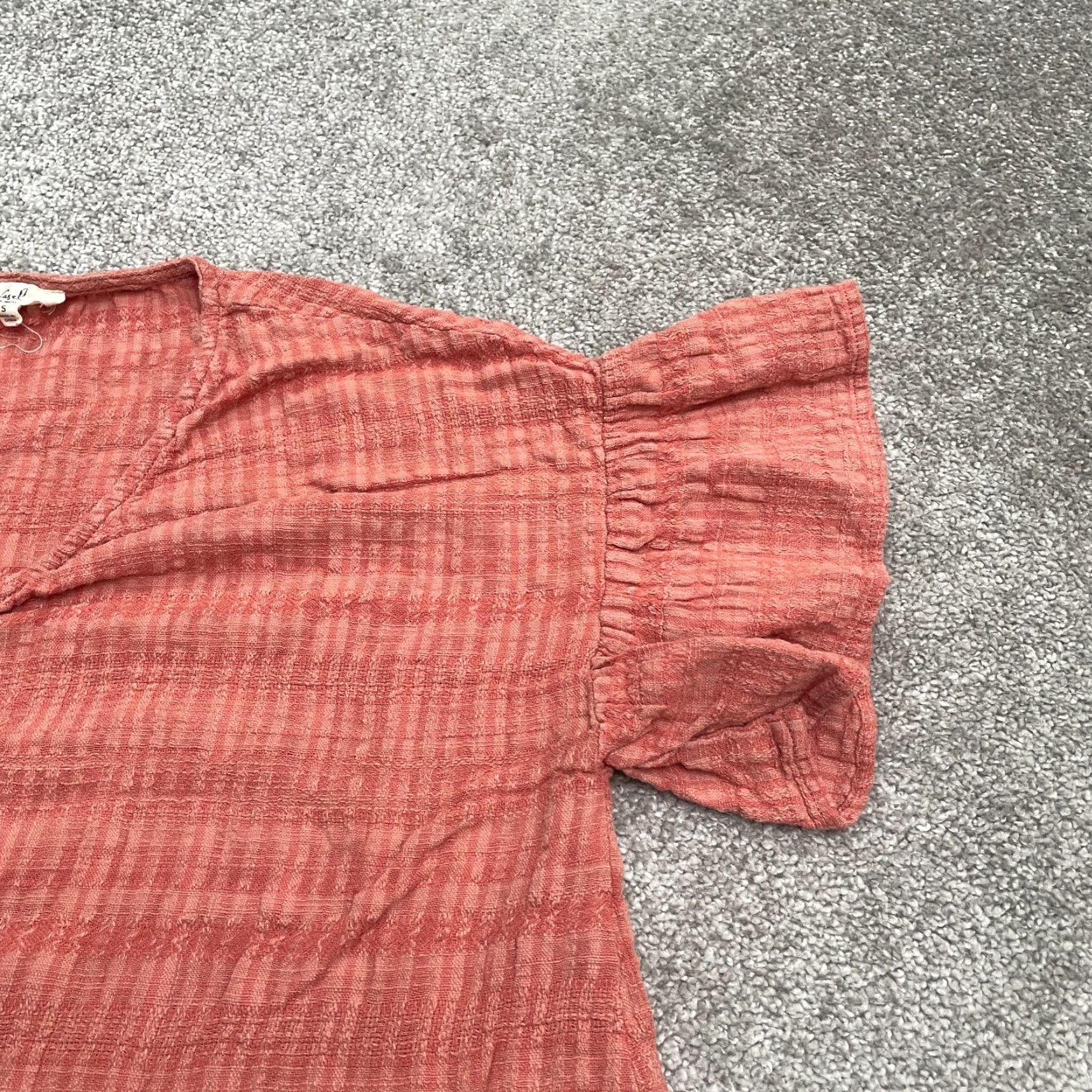 Vintage Easel Blouse Shirt Womens Small Orange Plaid Short Sleeve V-Neck Button Down Peplum Ruffle Casual Summer | Cotton Blend Size S / US 4 / IT 40 - 7 Thumbnail