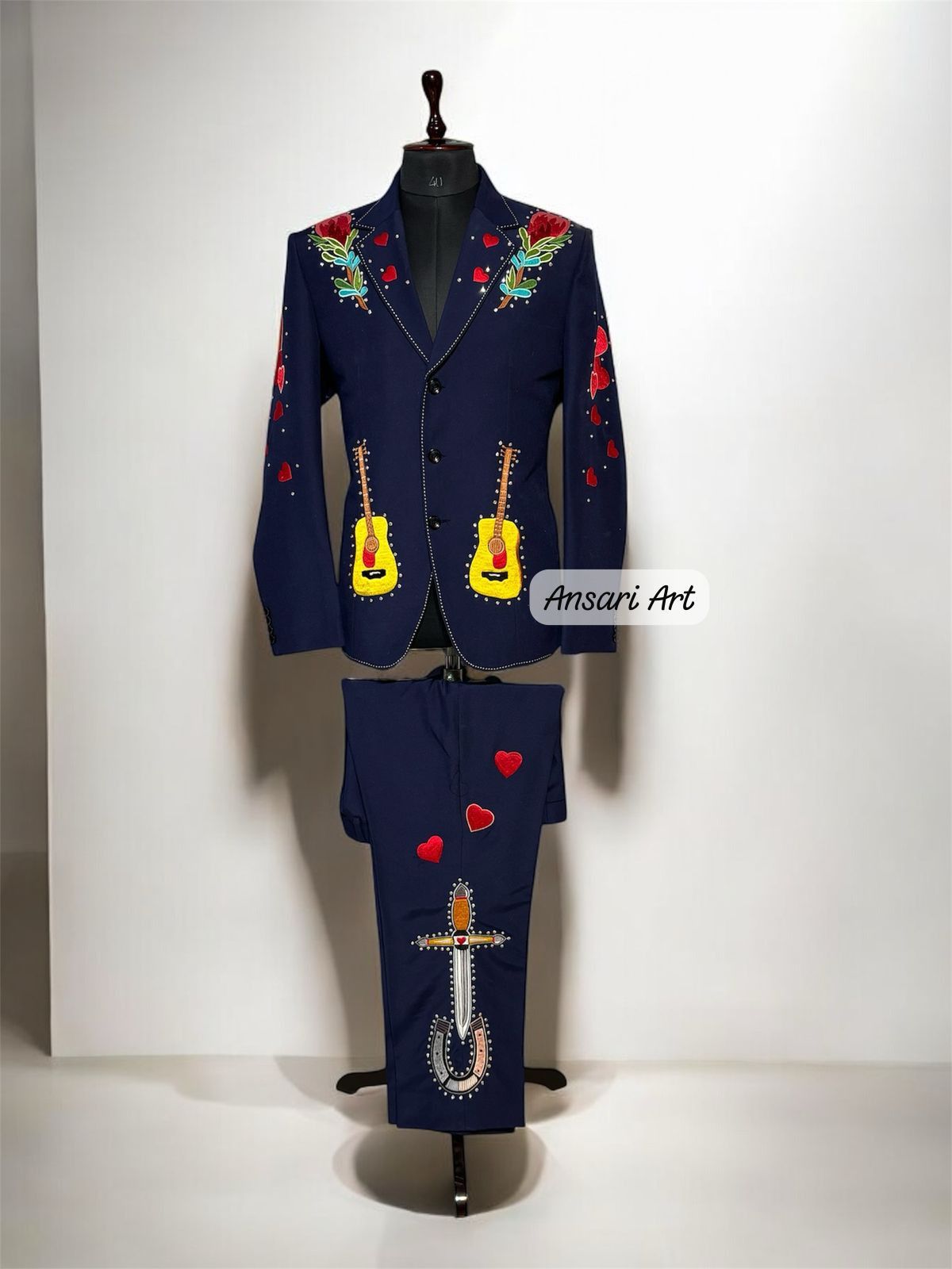 Other Men 2PC Customized Guitar, floral embroidery cocktail outfit Size 44S - 2 Thumbnail