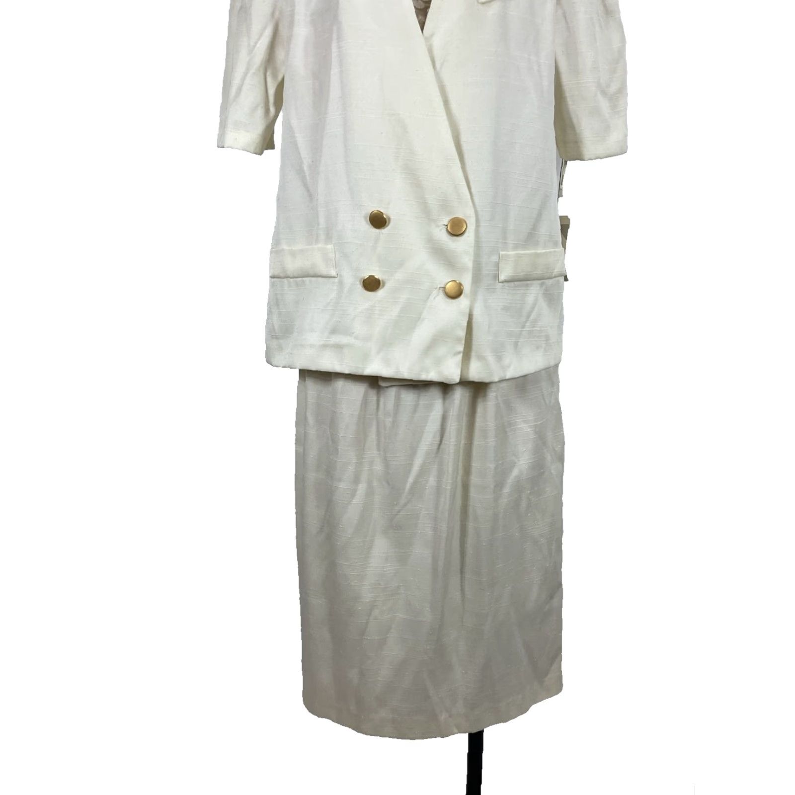 VINTAGE LORAC ORIGINAL Skirt Suit Womens 14 Ivory Linen Like Puffy Shoulder UNIONMADE Secretary/Geek 1980s